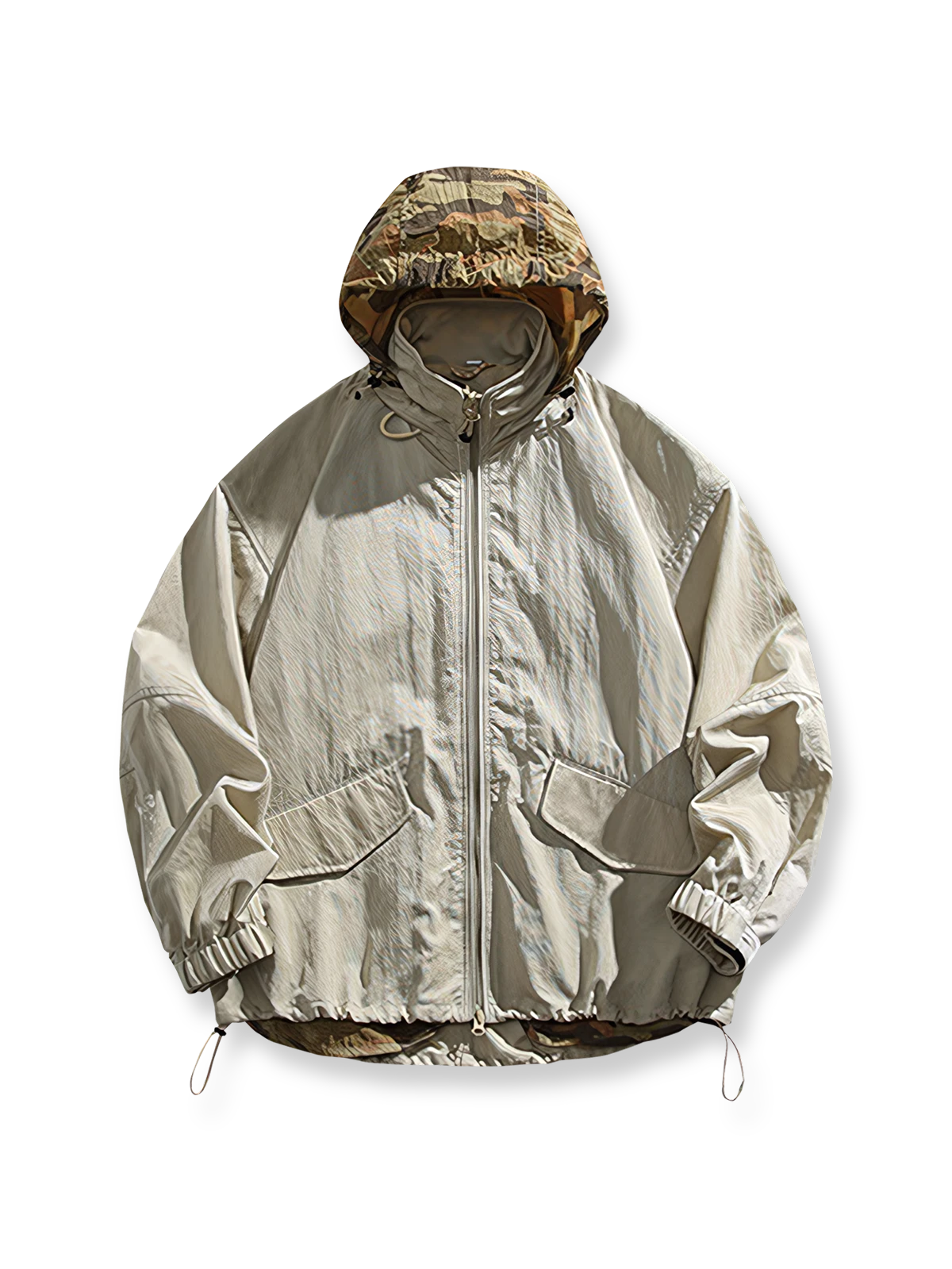 製品画像
アウトドア機能性 速乾 防風 撥水 フード付きジャケットの正面全体像。高密度ナイロンオックスフォードジャカード生地を使用し、三防（速乾、防風、撥水）性能を兼ね備えたデザイン。調整可能なフード付きで、都市からアウトドアまで幅広く活躍。

詳細画像
フード付きジャケットの水平に配置されたポケット部分を特写。フラップ付きポケットの内部には隠しマグネットボタンが内蔵されており、安全性と収納性を向上。高密度ナイロン素材の撥水加工とディテールが際立つ特写画像。