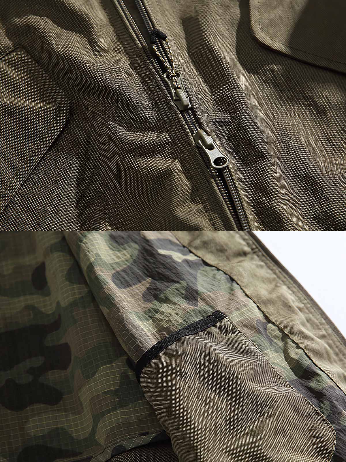 製品画像
アウトドア機能性 速乾 防風 撥水 フード付きジャケットの正面全体像。高密度ナイロンオックスフォードジャカード生地を使用し、三防（速乾、防風、撥水）性能を兼ね備えたデザイン。調整可能なフード付きで、都市からアウトドアまで幅広く活躍。

詳細画像
フード付きジャケットの水平に配置されたポケット部分を特写。フラップ付きポケットの内部には隠しマグネットボタンが内蔵されており、安全性と収納性を向上。高密度ナイロン素材の撥水加工とディテールが際立つ特写画像。