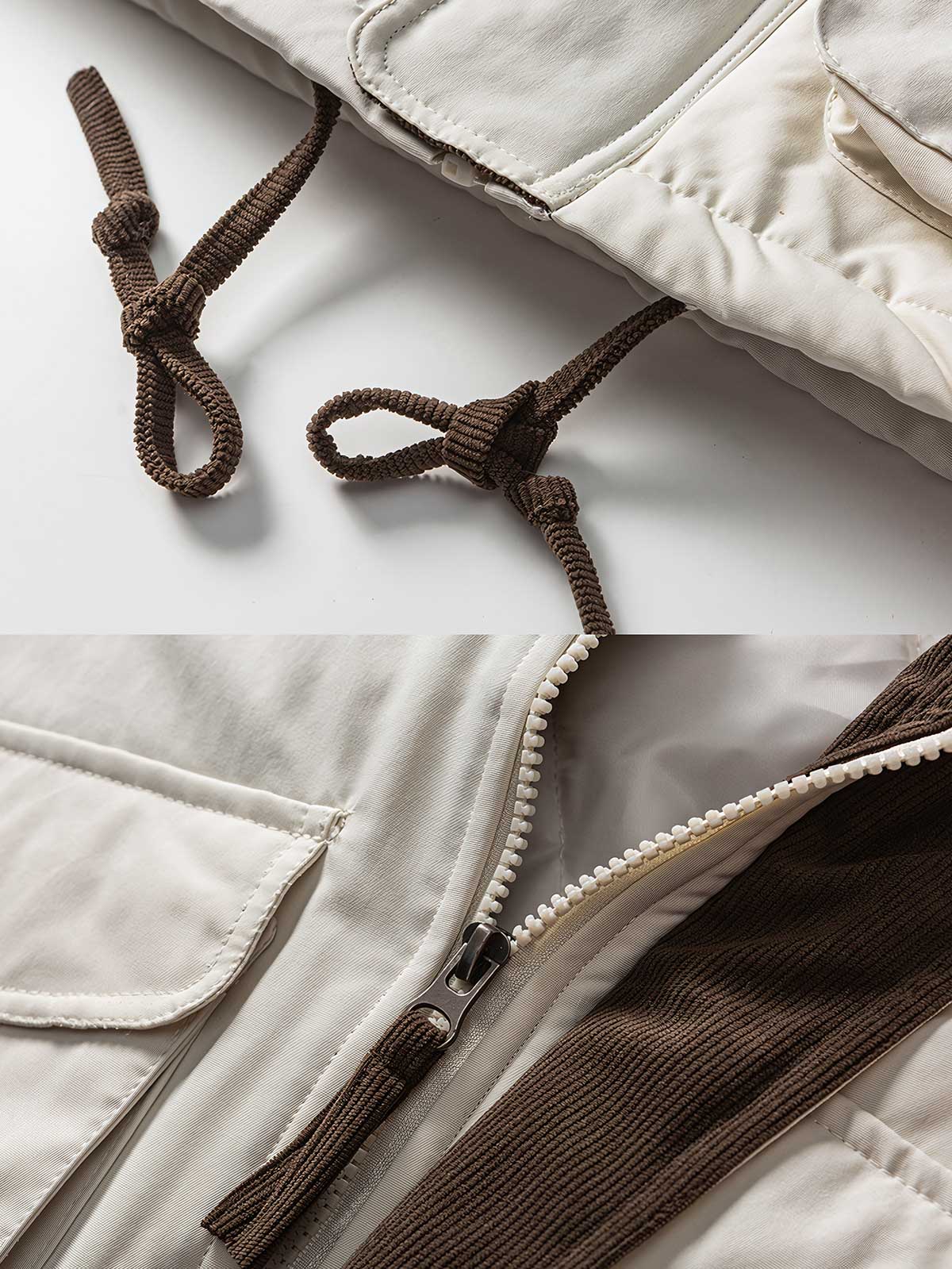 製品画像
コーデュロイ襟付き多ポケットハンティングスタイル中綿ジャケットの全体展示。19世紀ヨーロッパのハンティングウェアからインスパイアされたデザインで、防風性と保温性を備えた冬の必須アイテム。

詳細画像
コーデュロイ素材の襟と広いポケットのディテール特写。レトロなハンティングデザインを彷彿とさせる特徴的なディテールと、防寒性を高めた軽量中綿素材の質感が際立つクローズアップ画像。