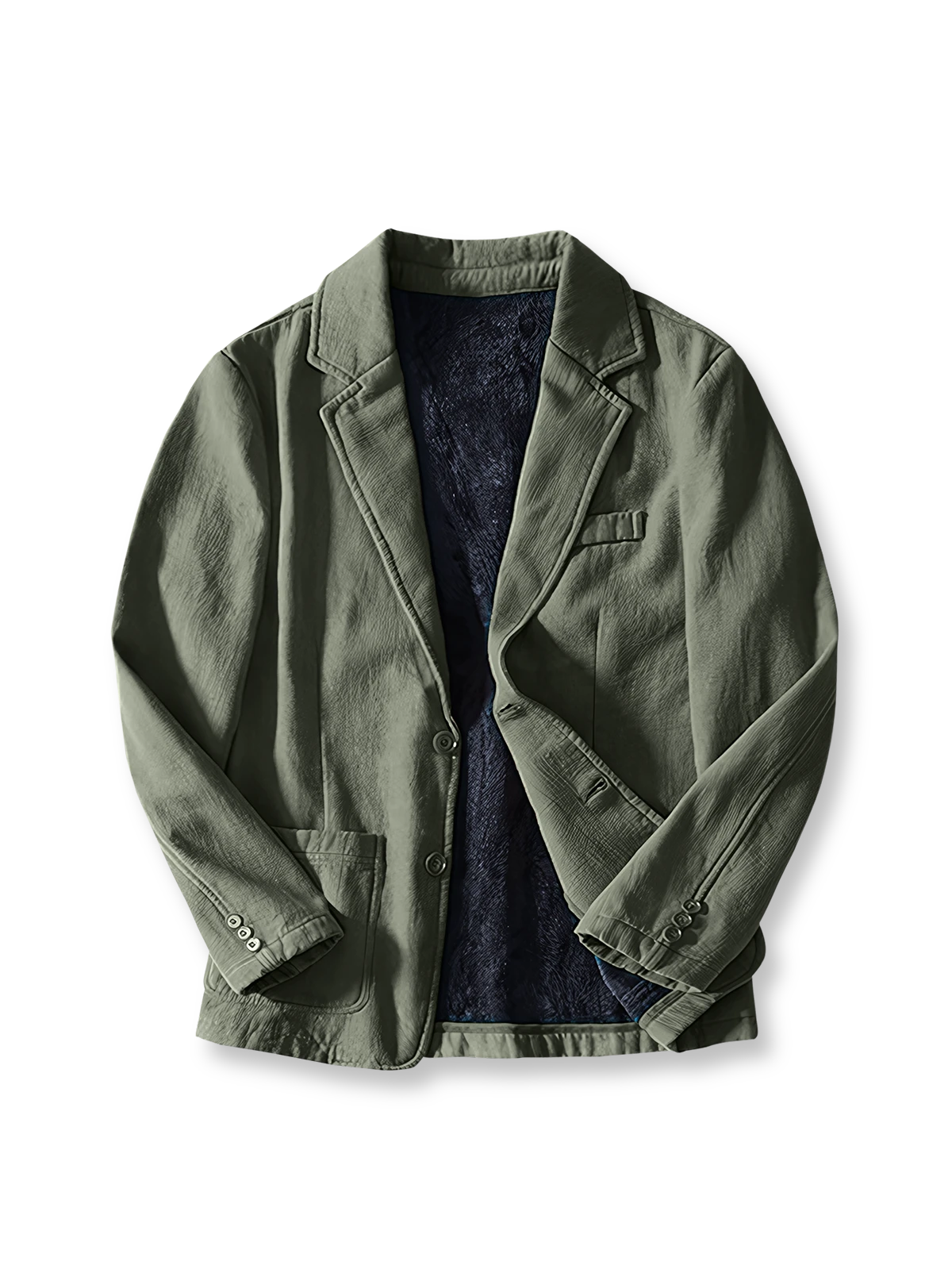 製品画像： 厚手裏起毛ラミーカジュアルブレザー全体イメージ画像。6色展開で、クラシックな2つボタンとノッチドラペルのデザインが特徴。冬のカジュアルコーデやビジネスシーンにぴったり。
詳細画像： ノッチドラペルと丁寧なパイピング仕様の裏地をクローズアップした画像。厚手のラミー素材と裏起毛デザインで高い保温性を実現。