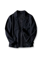 製品画像： 厚手裏起毛ラミーカジュアルブレザー全体イメージ画像。6色展開で、クラシックな2つボタンとノッチドラペルのデザインが特徴。冬のカジュアルコーデやビジネスシーンにぴったり。
詳細画像： ノッチドラペルと丁寧なパイピング仕様の裏地をクローズアップした画像。厚手のラミー素材と裏起毛デザインで高い保温性を実現。