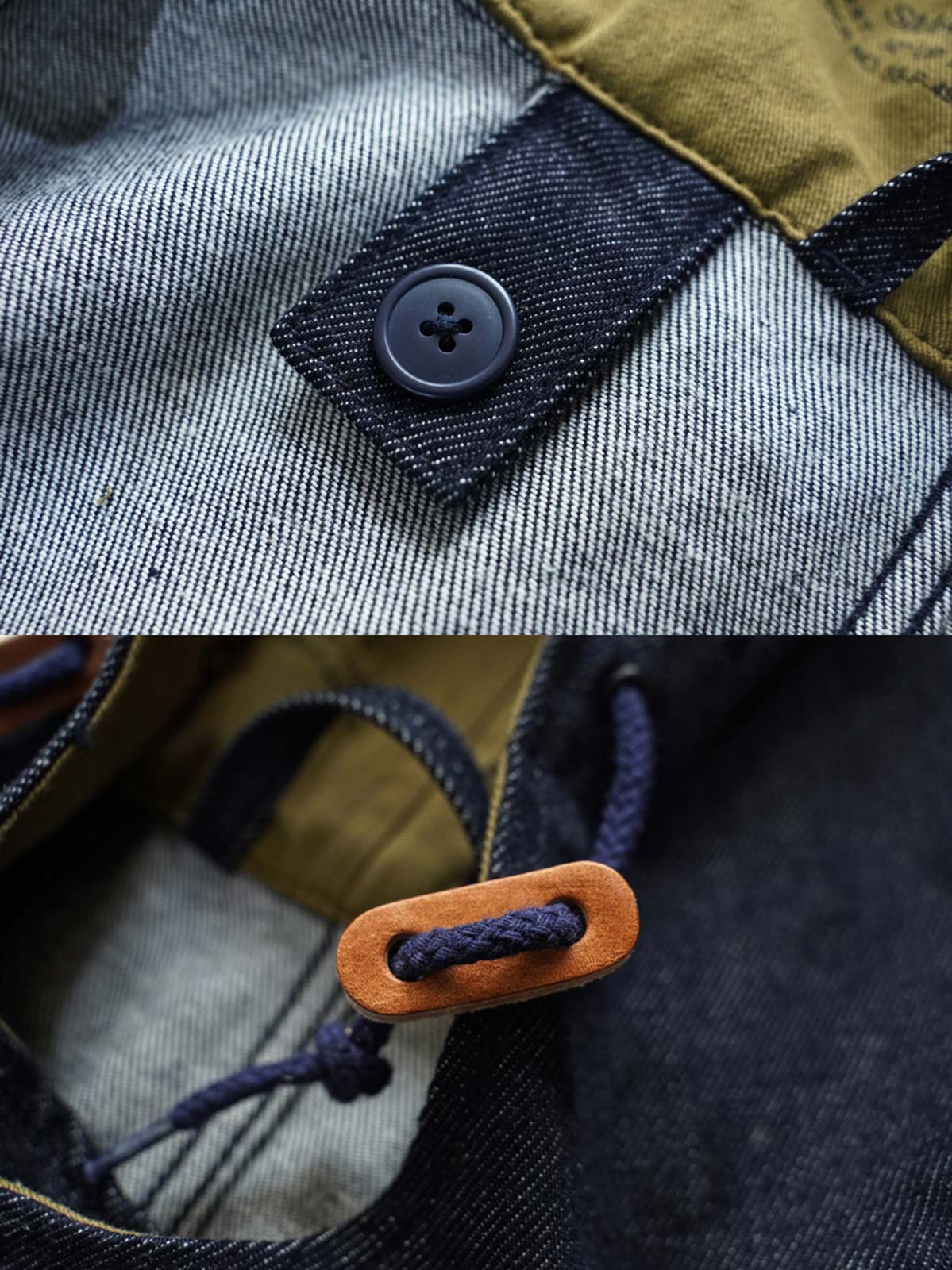 製品画像： デニムバージョンのM51フィッシュテールコート全体イメージ画像。特注のデニム素材で再現されたヴィンテージミリタリースタイルが特徴的。シルバーカラージッパーやブルー樹脂ボタンなど、細部までこだわったデザインが魅力。
詳細画像： YKK製スナップボタンと特注シルバーカラージッパー、ブルー樹脂ボタンのディテールをクローズアップした画像。ヴィンテージ感を引き立てる丁寧なディテールが際立つ。