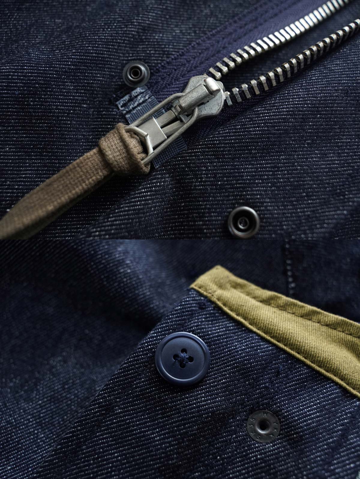 製品画像： デニムバージョンのM51フィッシュテールコート全体イメージ画像。特注のデニム素材で再現されたヴィンテージミリタリースタイルが特徴的。シルバーカラージッパーやブルー樹脂ボタンなど、細部までこだわったデザインが魅力。
詳細画像： YKK製スナップボタンと特注シルバーカラージッパー、ブルー樹脂ボタンのディテールをクローズアップした画像。ヴィンテージ感を引き立てる丁寧なディテールが際立つ。