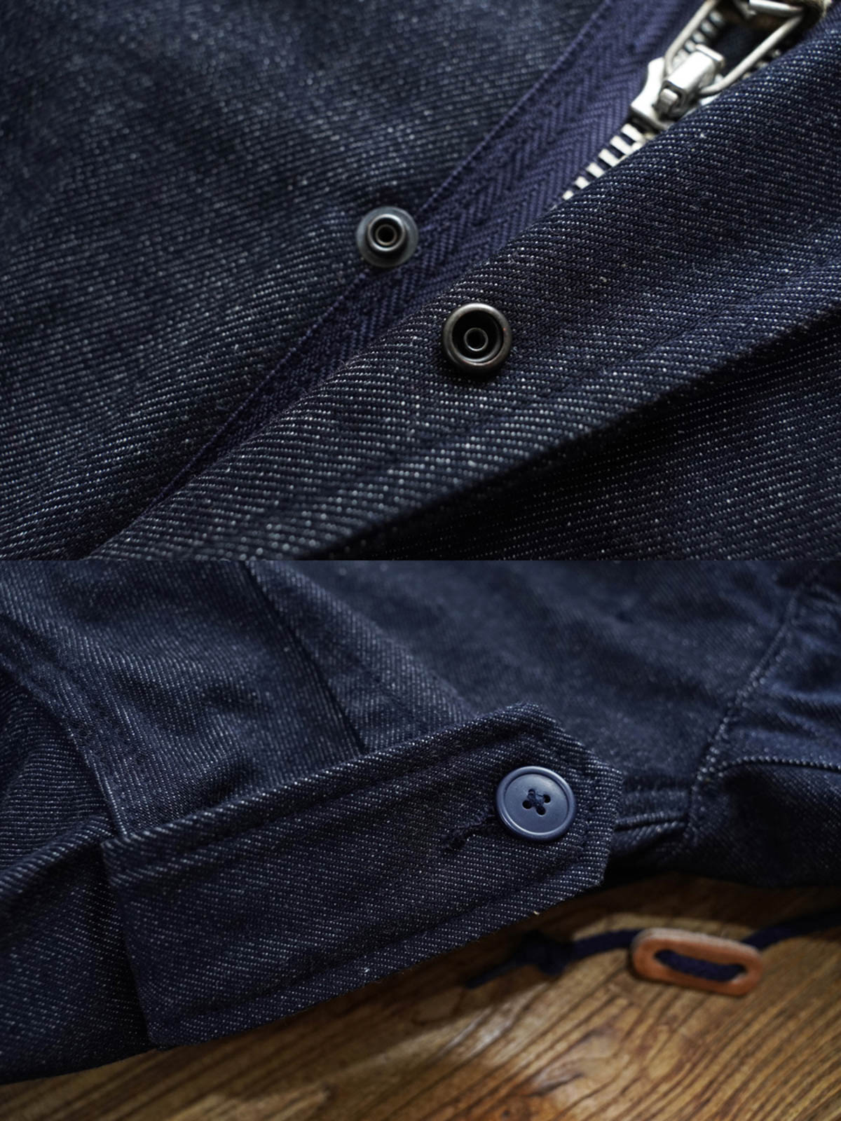 製品画像： デニムバージョンのM51フィッシュテールコート全体イメージ画像。特注のデニム素材で再現されたヴィンテージミリタリースタイルが特徴的。シルバーカラージッパーやブルー樹脂ボタンなど、細部までこだわったデザインが魅力。
詳細画像： YKK製スナップボタンと特注シルバーカラージッパー、ブルー樹脂ボタンのディテールをクローズアップした画像。ヴィンテージ感を引き立てる丁寧なディテールが際立つ。