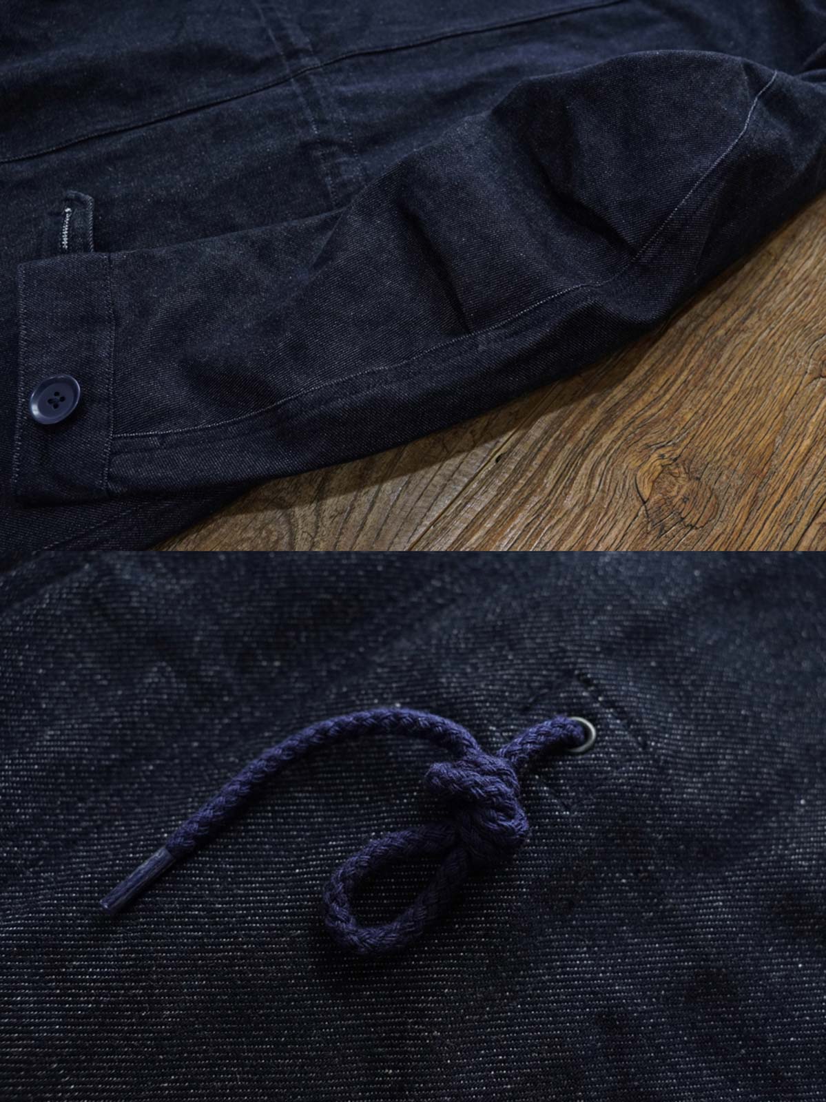 製品画像： デニムバージョンのM51フィッシュテールコート全体イメージ画像。特注のデニム素材で再現されたヴィンテージミリタリースタイルが特徴的。シルバーカラージッパーやブルー樹脂ボタンなど、細部までこだわったデザインが魅力。
詳細画像： YKK製スナップボタンと特注シルバーカラージッパー、ブルー樹脂ボタンのディテールをクローズアップした画像。ヴィンテージ感を引き立てる丁寧なディテールが際立つ。