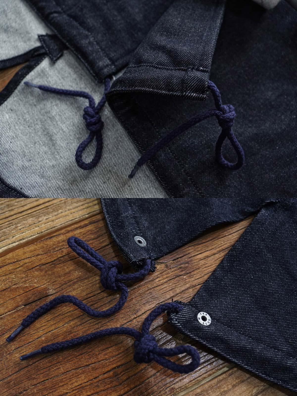 製品画像： デニムバージョンのM51フィッシュテールコート全体イメージ画像。特注のデニム素材で再現されたヴィンテージミリタリースタイルが特徴的。シルバーカラージッパーやブルー樹脂ボタンなど、細部までこだわったデザインが魅力。
詳細画像： YKK製スナップボタンと特注シルバーカラージッパー、ブルー樹脂ボタンのディテールをクローズアップした画像。ヴィンテージ感を引き立てる丁寧なディテールが際立つ。