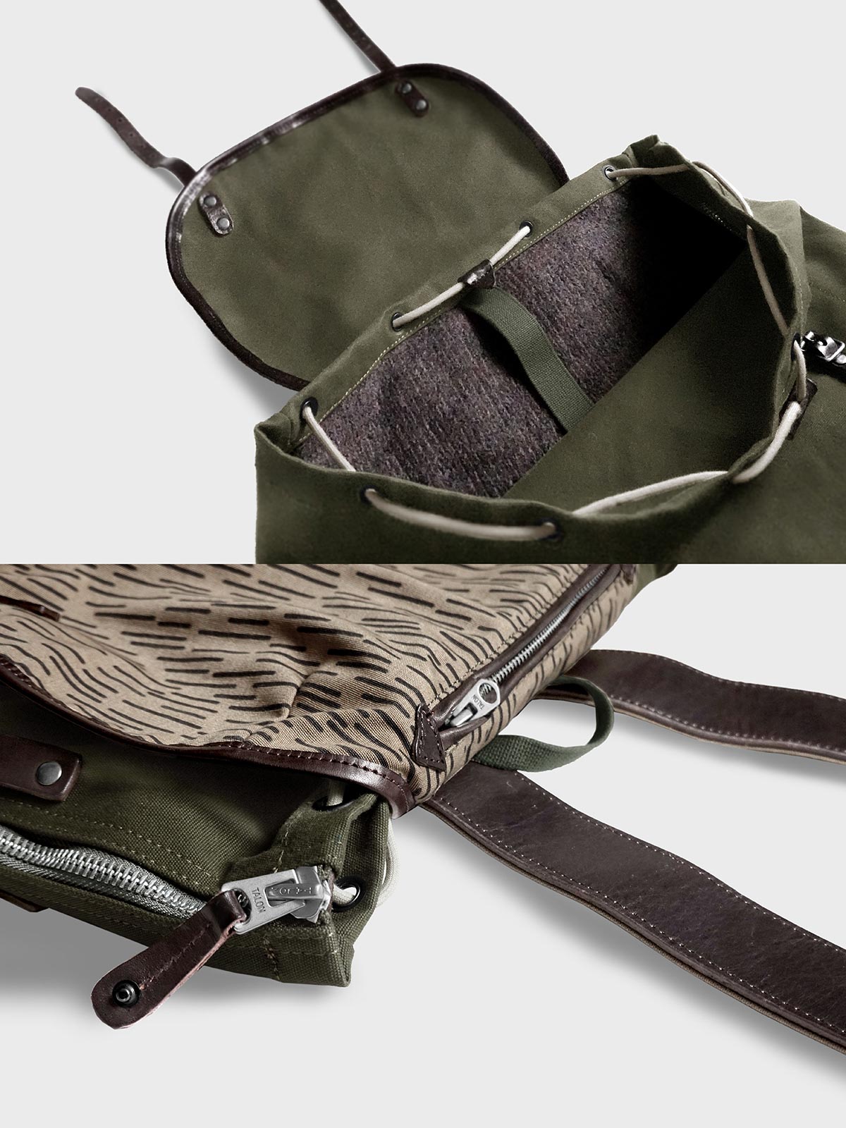 製品画像： 第5世代M39ヴィンテージキャンバスバックパック全体イメージ画像。厚手キャンバス素材と牛革補強が特徴で、特殊なウォッシュ加工がヴィンテージ感を際立たせたデザイン。アウトドアやサイクリングに適した大容量仕様。
詳細画像： 牛革で補強されたストレスポイントと、スムーズな開閉を実現するトップおよびサイドジッパーのディテールをクローズアップした画像。高耐久性と実用性が際立つ。