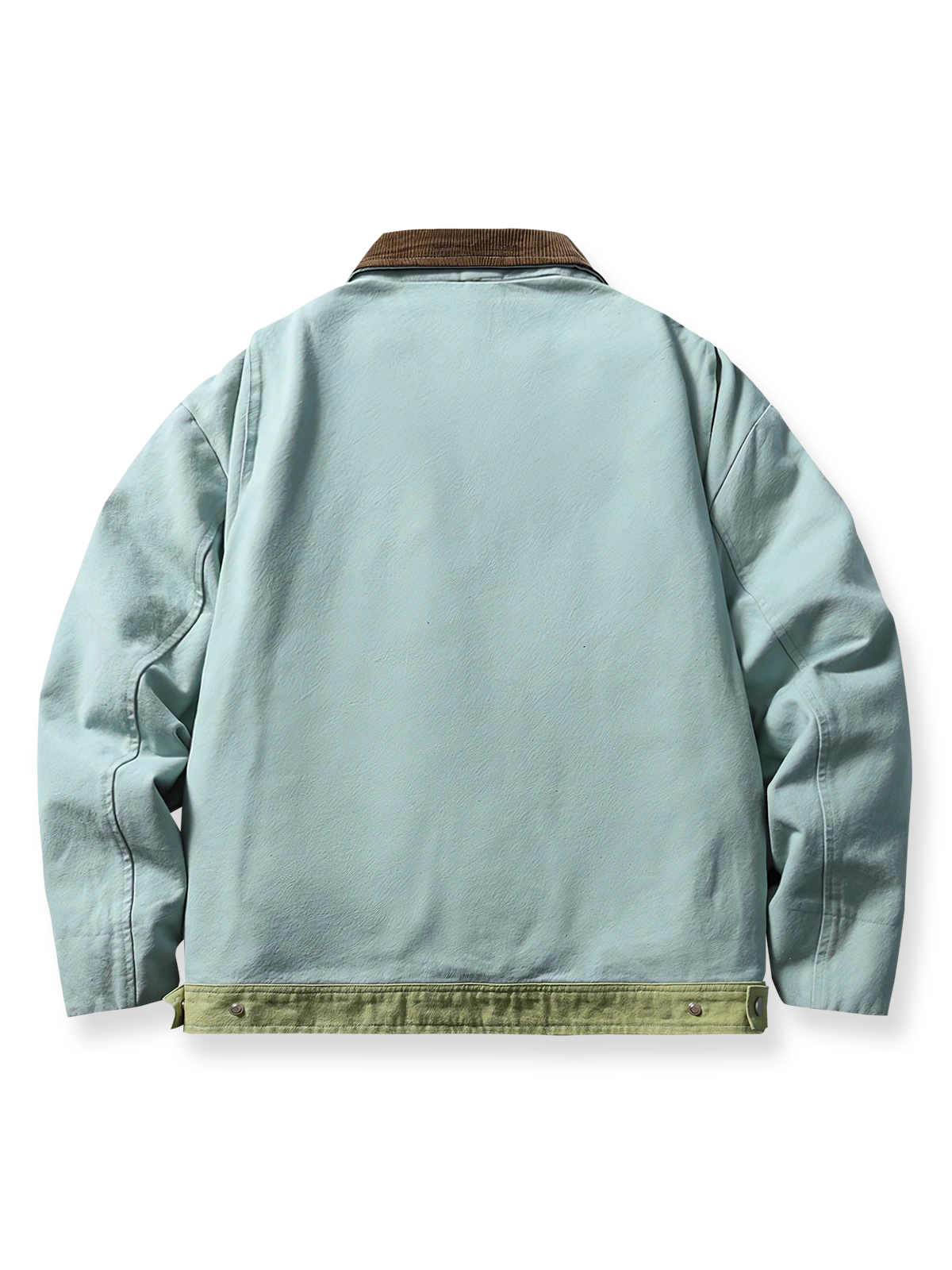 製品画像： 3WAYヴィンテージ切り替えデザインダウンワークジャケット全体イメージ画像。ブラウンコーデュロイ襟とネイビー×ミントグリーンの配色が特徴で、取り外し可能なインナーダウンを備えた多機能アウター。
詳細画像： ホワイトダックダウンライナーの取り外し構造とブラウンコーデュロイ襟、さらに水洗い加工が施された耐久性の高いコットン表地のディテールクローズアップ画像。保温性とクラシックなヴィンテージ感が際立つ仕上がり。