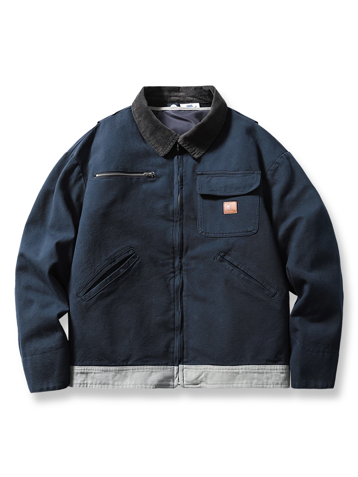 製品画像： 3WAYヴィンテージ切り替えデザインダウンワークジャケット全体イメージ画像。ブラウンコーデュロイ襟とネイビー×ミントグリーンの配色が特徴で、取り外し可能なインナーダウンを備えた多機能アウター。
詳細画像： ホワイトダックダウンライナーの取り外し構造とブラウンコーデュロイ襟、さらに水洗い加工が施された耐久性の高いコットン表地のディテールクローズアップ画像。保温性とクラシックなヴィンテージ感が際立つ仕上がり。