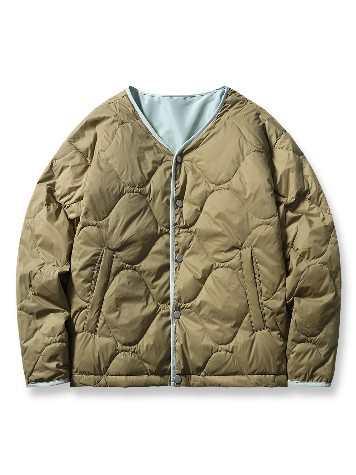 製品画像： 3WAYヴィンテージ切り替えデザインダウンワークジャケット全体イメージ画像。ブラウンコーデュロイ襟とネイビー×ミントグリーンの配色が特徴で、取り外し可能なインナーダウンを備えた多機能アウター。
詳細画像： ホワイトダックダウンライナーの取り外し構造とブラウンコーデュロイ襟、さらに水洗い加工が施された耐久性の高いコットン表地のディテールクローズアップ画像。保温性とクラシックなヴィンテージ感が際立つ仕上がり。