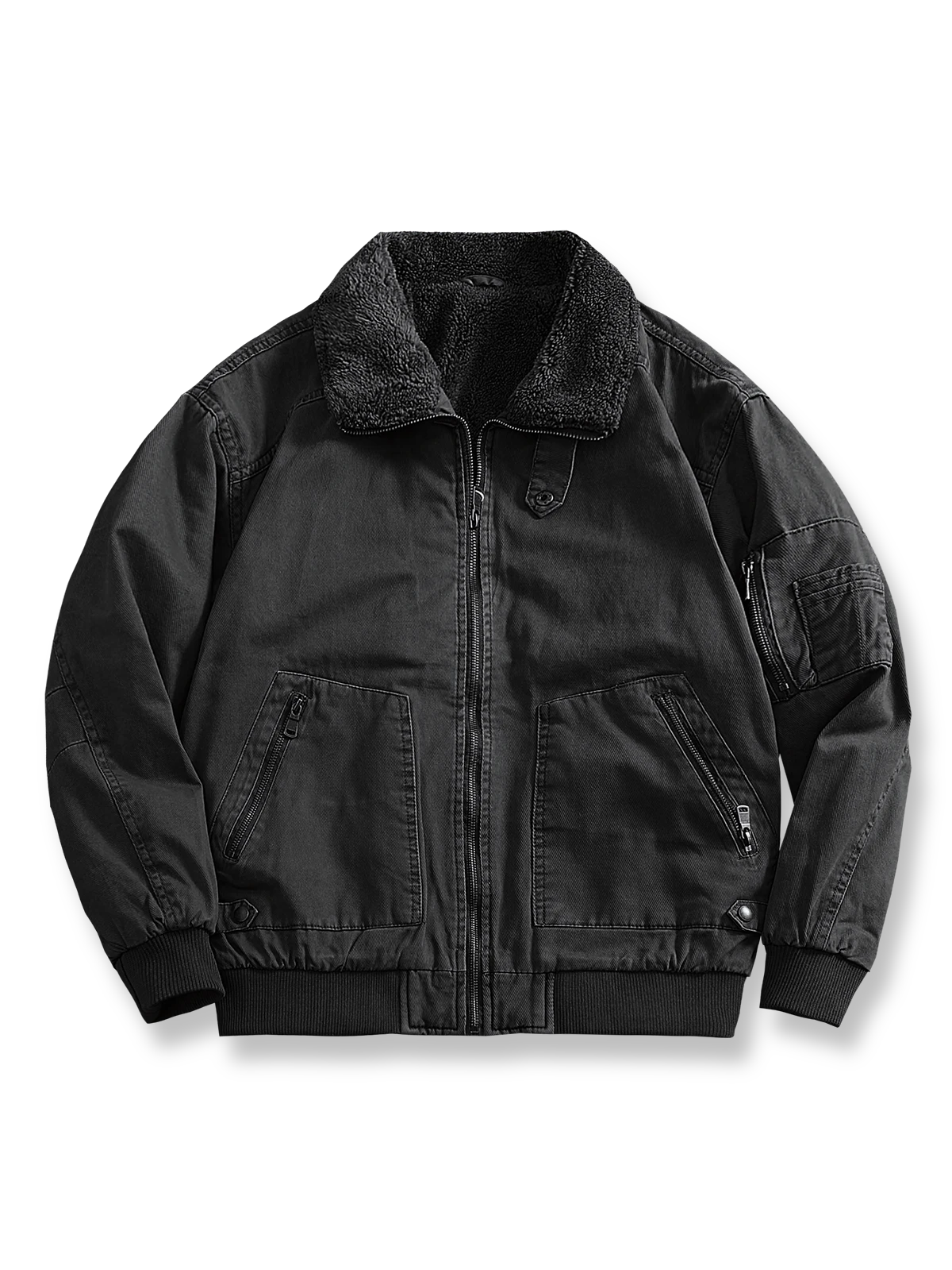 製品画像：
"水洗い加工を施したシープスキンライニング付きフライトジャケットの全体図。クラシックなアメカジスタイル、シープスキンカラーとツイル織りコットンの組み合わせでヴィンテージ感を引き立てたデザイン"

詳細画像：
"シープスキン風ライニングとリブ仕様の裾ディテールをクローズアップした画像。裏地の柔らかさと保温性が際立ち、防風性を兼ね備えたデザインが強調される"