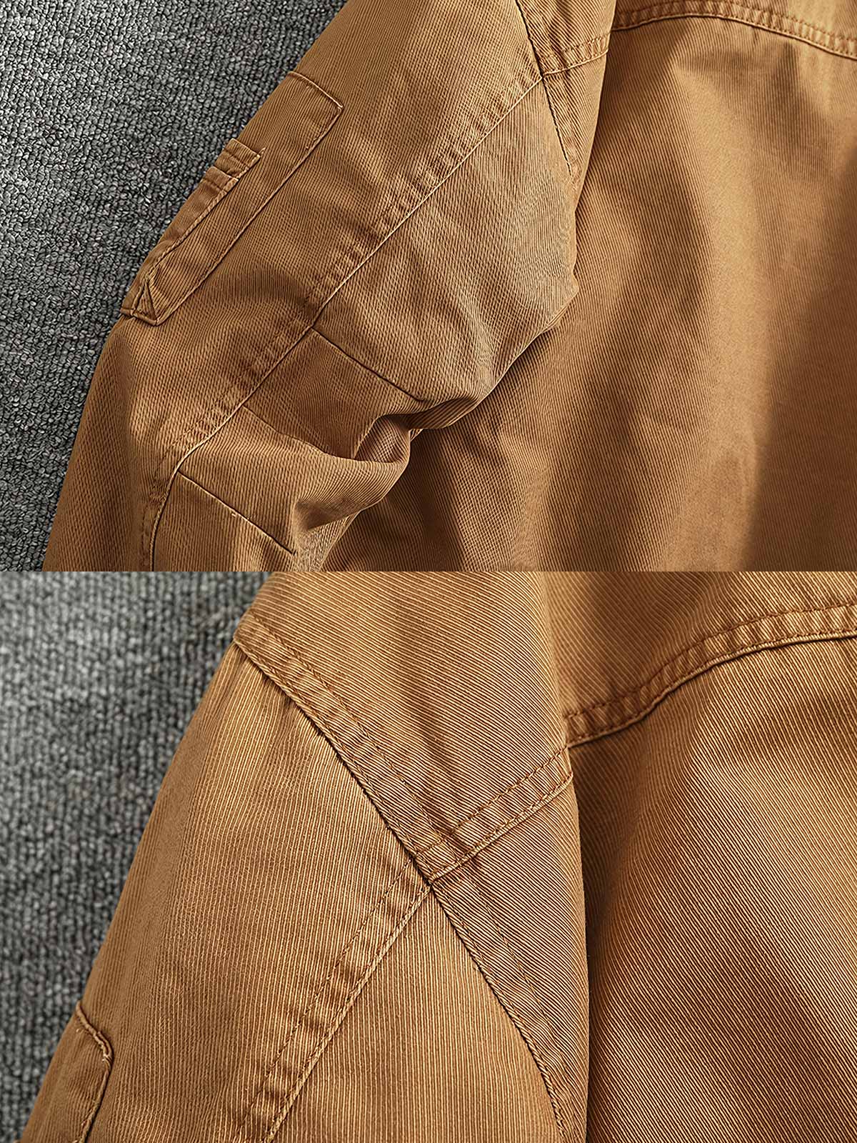 製品画像：
"水洗い加工を施したシープスキンライニング付きフライトジャケットの全体図。クラシックなアメカジスタイル、シープスキンカラーとツイル織りコットンの組み合わせでヴィンテージ感を引き立てたデザイン"

詳細画像：
"シープスキン風ライニングとリブ仕様の裾ディテールをクローズアップした画像。裏地の柔らかさと保温性が際立ち、防風性を兼ね備えたデザインが強調される"