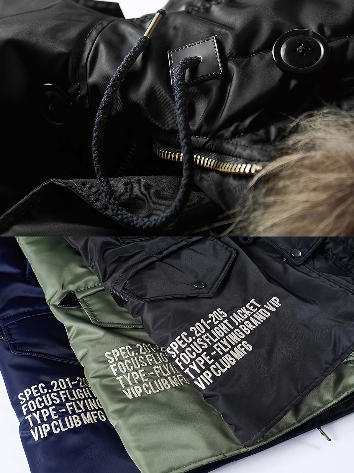 製品画像: 空中戦闘司令部シリーズのN3B中綿フライトジャケット全体を展示した画像。クラシックなミリタリーデザインの特徴が一目でわかる、保温性と防風性能を兼ね備えたジャケット。

詳細画像: アライグマ風の合成ファー襟とフライトエンブレムのディテールがクローズアップされた画像。襟の柔らかい質感とエンブレムのディテールが、ジャケットの軍旅スタイルを引き立てる。