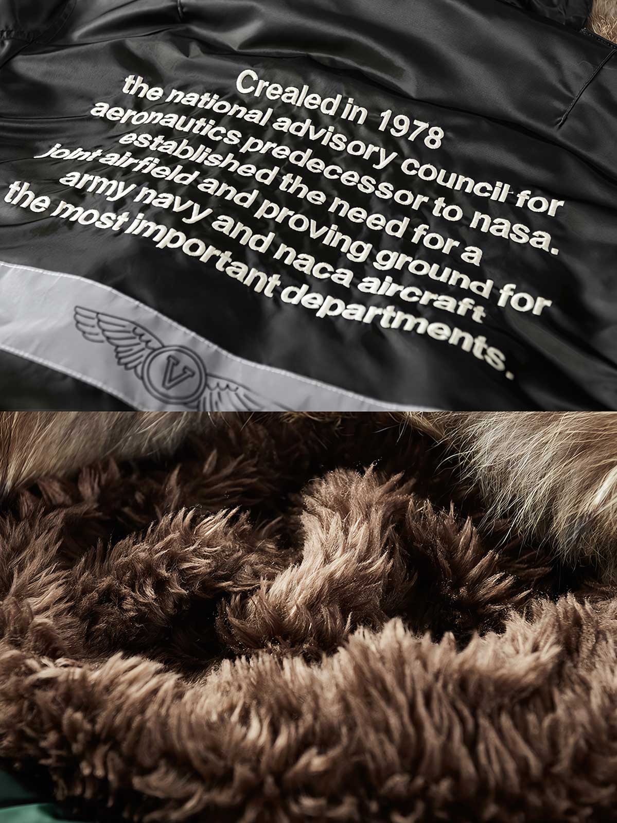 製品画像: 空中戦闘司令部シリーズのN3B中綿フライトジャケット全体を展示した画像。クラシックなミリタリーデザインの特徴が一目でわかる、保温性と防風性能を兼ね備えたジャケット。

詳細画像: アライグマ風の合成ファー襟とフライトエンブレムのディテールがクローズアップされた画像。襟の柔らかい質感とエンブレムのディテールが、ジャケットの軍旅スタイルを引き立てる。