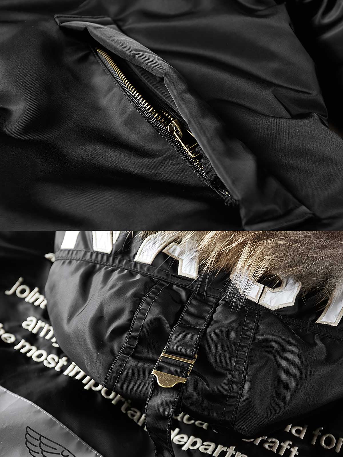 製品画像: 空中戦闘司令部シリーズのN3B中綿フライトジャケット全体を展示した画像。クラシックなミリタリーデザインの特徴が一目でわかる、保温性と防風性能を兼ね備えたジャケット。

詳細画像: アライグマ風の合成ファー襟とフライトエンブレムのディテールがクローズアップされた画像。襟の柔らかい質感とエンブレムのディテールが、ジャケットの軍旅スタイルを引き立てる。