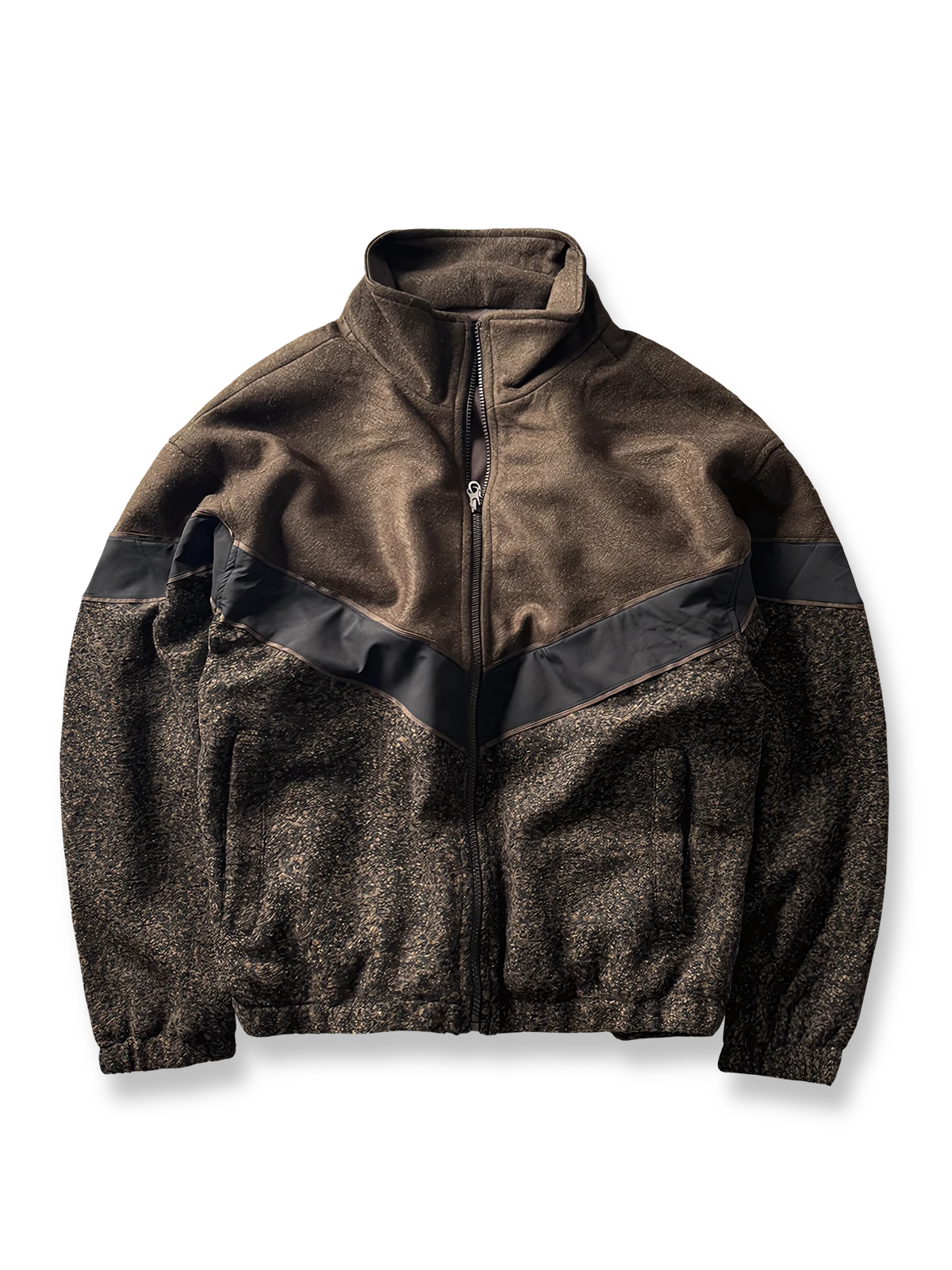 製品画像
ウール混紡パッチワークジャケットの全体展示図。立ち襟デザインとレトロなジオメトリックパターンが特徴の秋冬にぴったりなジャケット。

詳細画像
パッチワークジオメトリックパターンと立ち襟のディテールクローズアップ。素材の異なる部分が織りなす視覚的なレイヤリング効果を強調。