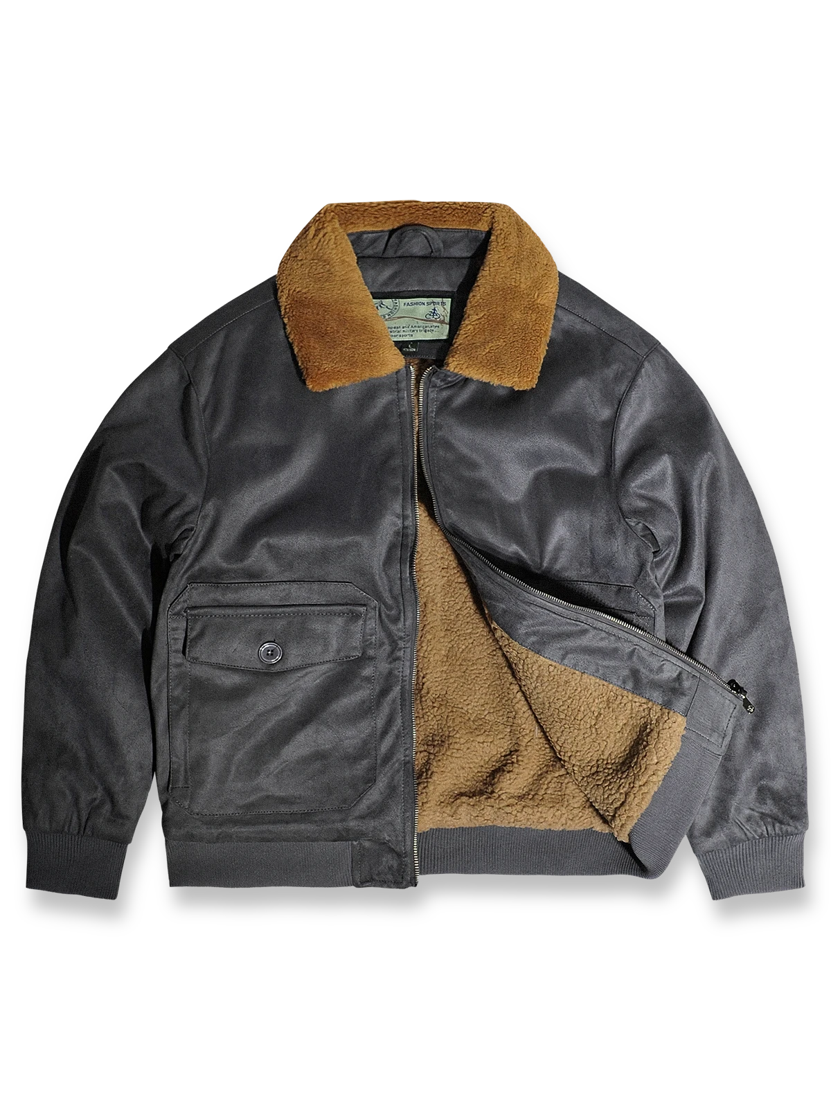 製品画像代替テキスト
フェイクスエード裏起毛ハンティングジャケット、アメリカンヴィンテージスタイルのデザイン。シープスキンライニングとフェイクムートン襟が特徴の秋冬アウター。カーキやブラックのカラー展開。

詳細画像代替テキスト
フェイクスエード裏起毛素材とシープスキンライニングのディテール。フェイクムートン襟とリブ編みの裾、ヴィンテージ感漂うデザイン。機能性とデザイン性を兼ね備えた大きなフラップポケット。
