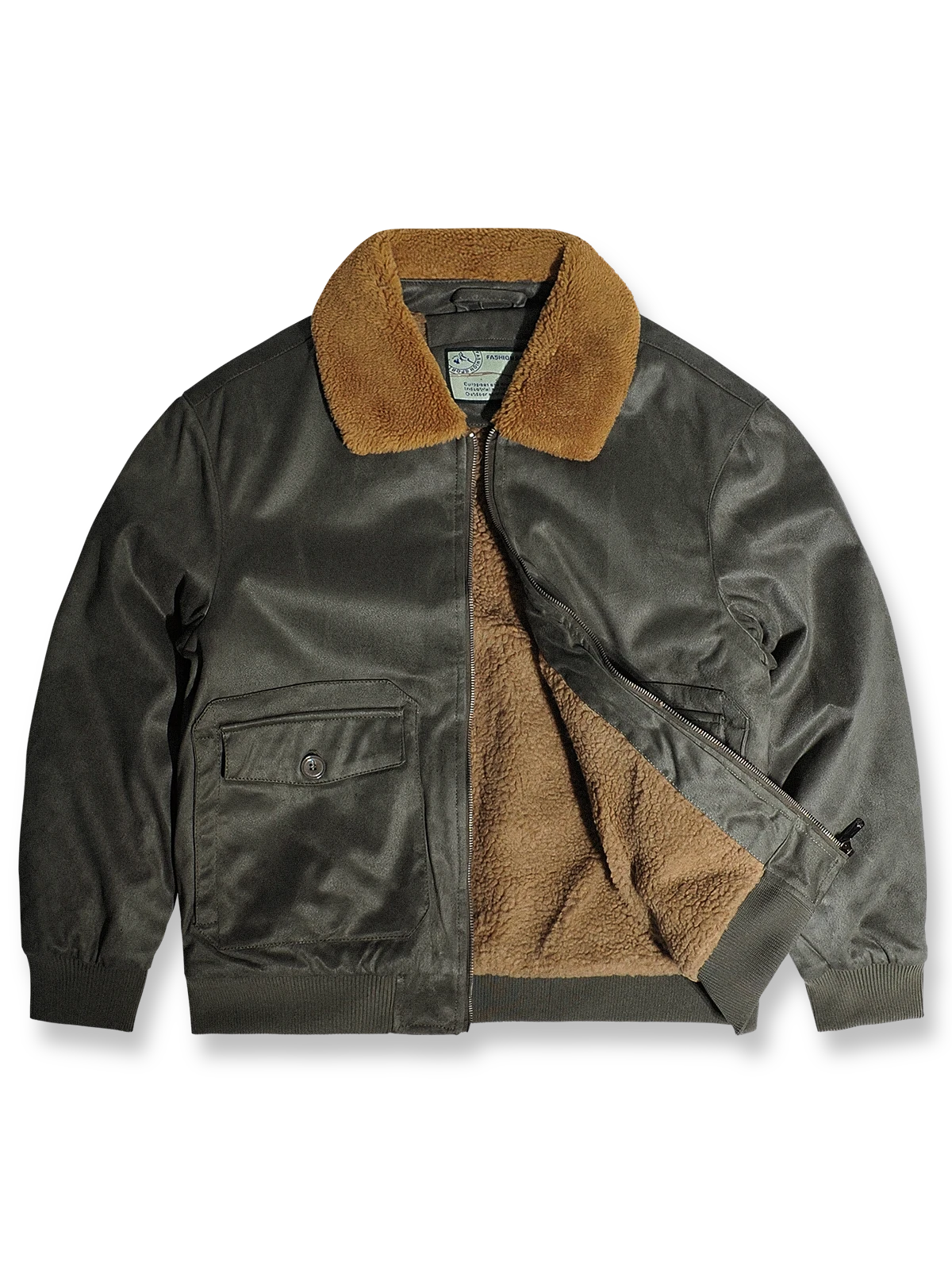 製品画像代替テキスト
フェイクスエード裏起毛ハンティングジャケット、アメリカンヴィンテージスタイルのデザイン。シープスキンライニングとフェイクムートン襟が特徴の秋冬アウター。カーキやブラックのカラー展開。

詳細画像代替テキスト
フェイクスエード裏起毛素材とシープスキンライニングのディテール。フェイクムートン襟とリブ編みの裾、ヴィンテージ感漂うデザイン。機能性とデザイン性を兼ね備えた大きなフラップポケット。
