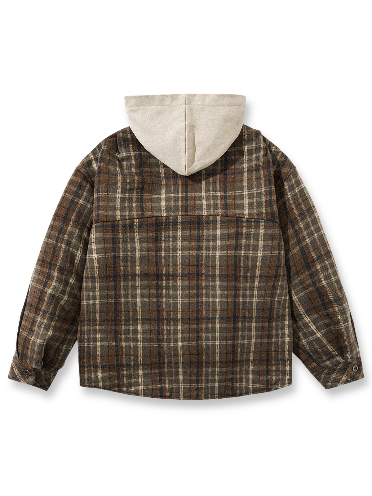 製品画像: レトロなチェック柄とフード付きデザインが特徴的な中綿ジャケットの正面全景。ウール調素材が暖かさと快適さを兼ね備えた秋冬に最適なアイテム。リラックスしたフィット感で、ワークスタイルにもぴったり。

詳細画像: フードデザインと胸元のポケットディテールが際立つチェック柄中綿ジャケット。柔らかなウール調素材が視覚的に立体感を持ちながらも、肌触りが良く、秋冬のコーディネートに最適な暖かい質感。