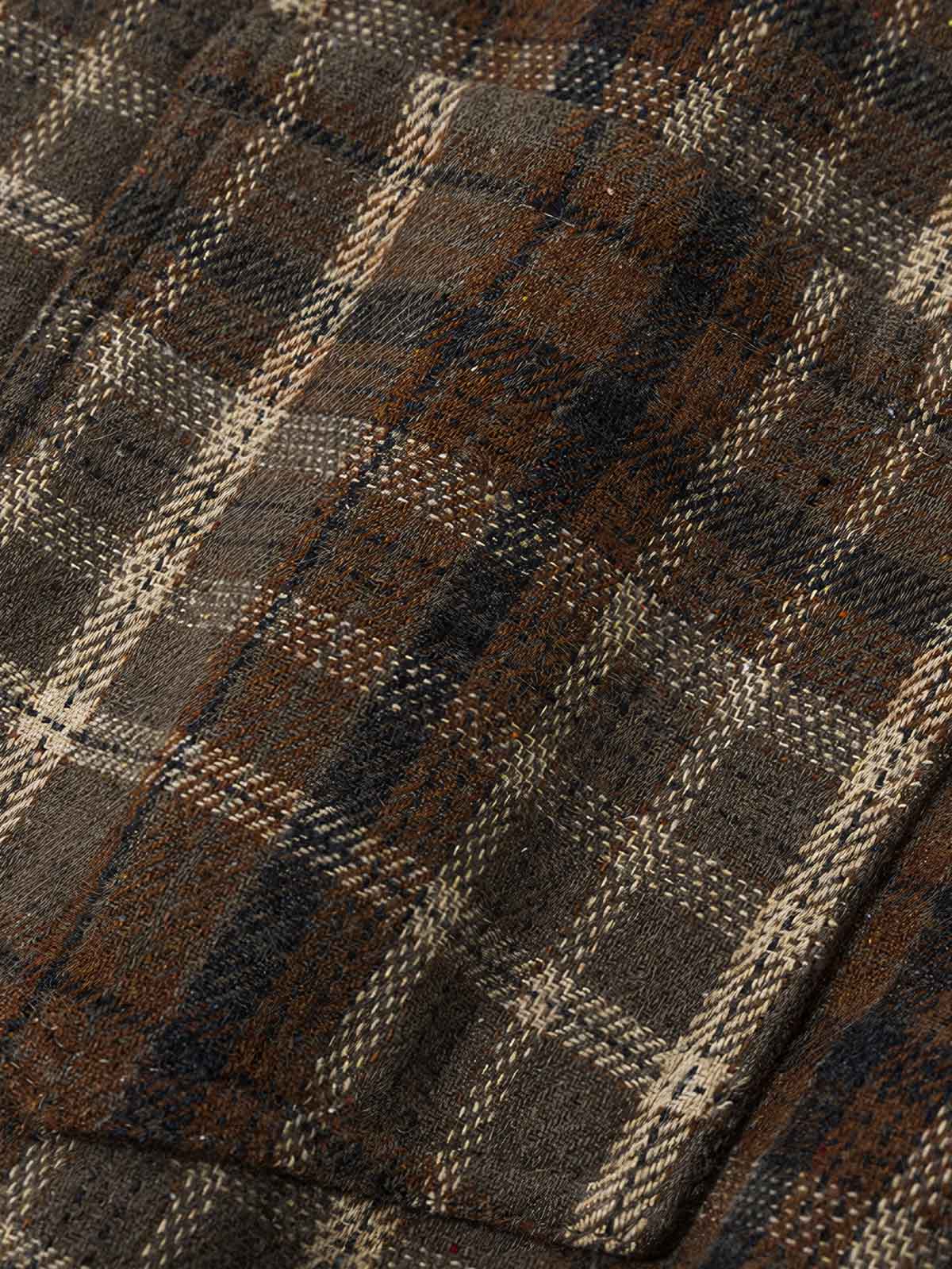 製品画像: レトロなチェック柄とフード付きデザインが特徴的な中綿ジャケットの正面全景。ウール調素材が暖かさと快適さを兼ね備えた秋冬に最適なアイテム。リラックスしたフィット感で、ワークスタイルにもぴったり。

詳細画像: フードデザインと胸元のポケットディテールが際立つチェック柄中綿ジャケット。柔らかなウール調素材が視覚的に立体感を持ちながらも、肌触りが良く、秋冬のコーディネートに最適な暖かい質感。