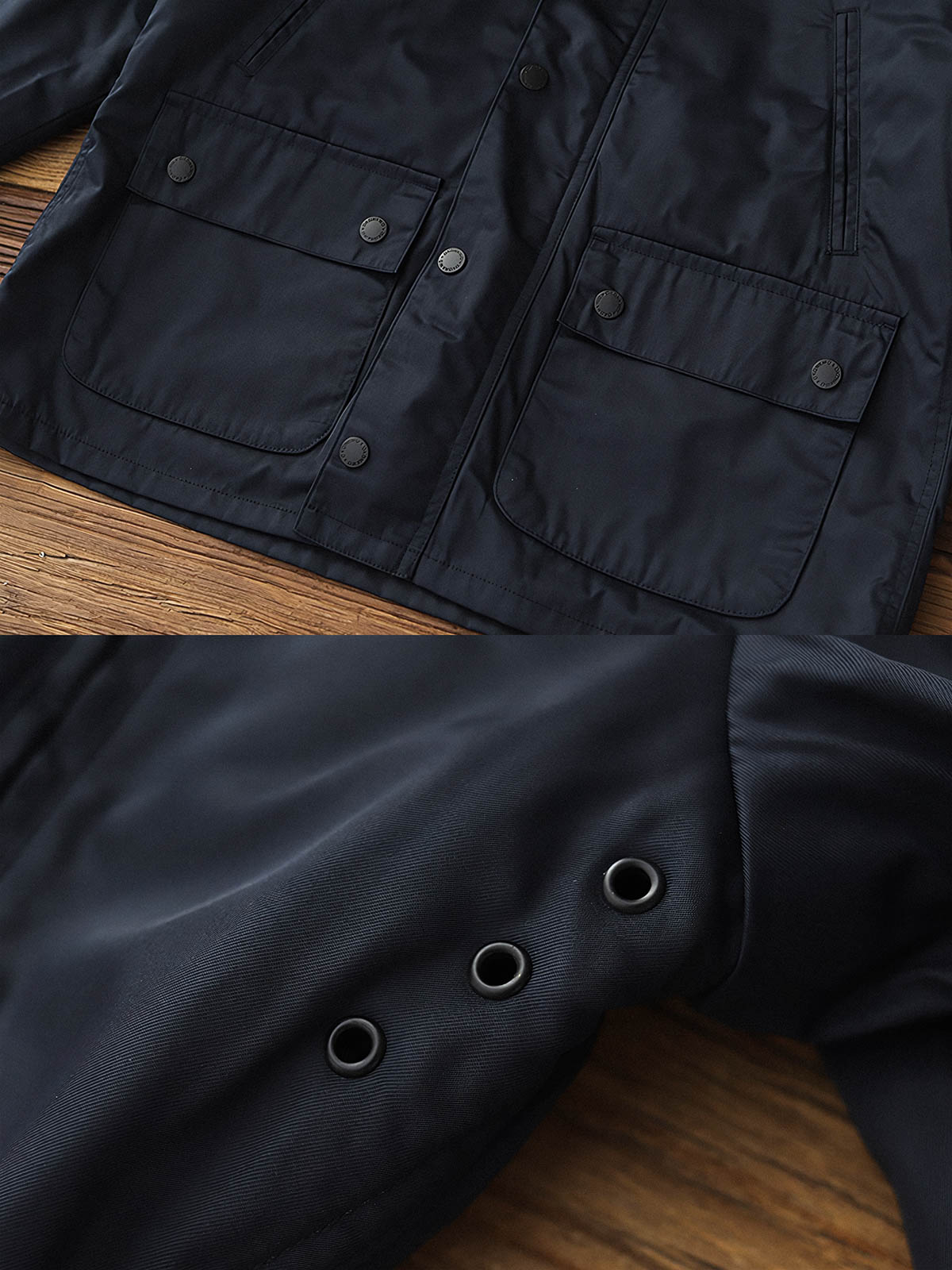 製品画像: コーデュロイカラーのコントラスト襟とオイルワックス加工が施されたハンティングジャケット。高密度梭織生地を使用し、耐久性とレトロ感を兼ね備えたデザイン。

詳細画像: チェック柄のキルティングライニングとスナップボタン付き風防襟のディテール。YKKのダブルヘッドラウンドリングジッパーと多機能ポケット配置が実用性を高めています。