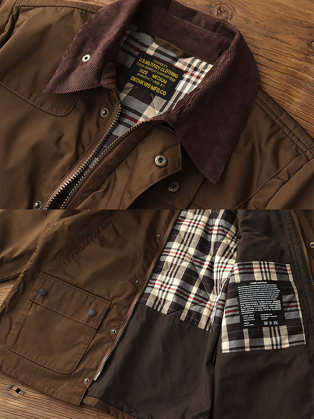 製品画像: コーデュロイカラーのコントラスト襟とオイルワックス加工が施されたハンティングジャケット。高密度梭織生地を使用し、耐久性とレトロ感を兼ね備えたデザイン。

詳細画像: チェック柄のキルティングライニングとスナップボタン付き風防襟のディテール。YKKのダブルヘッドラウンドリングジッパーと多機能ポケット配置が実用性を高めています。