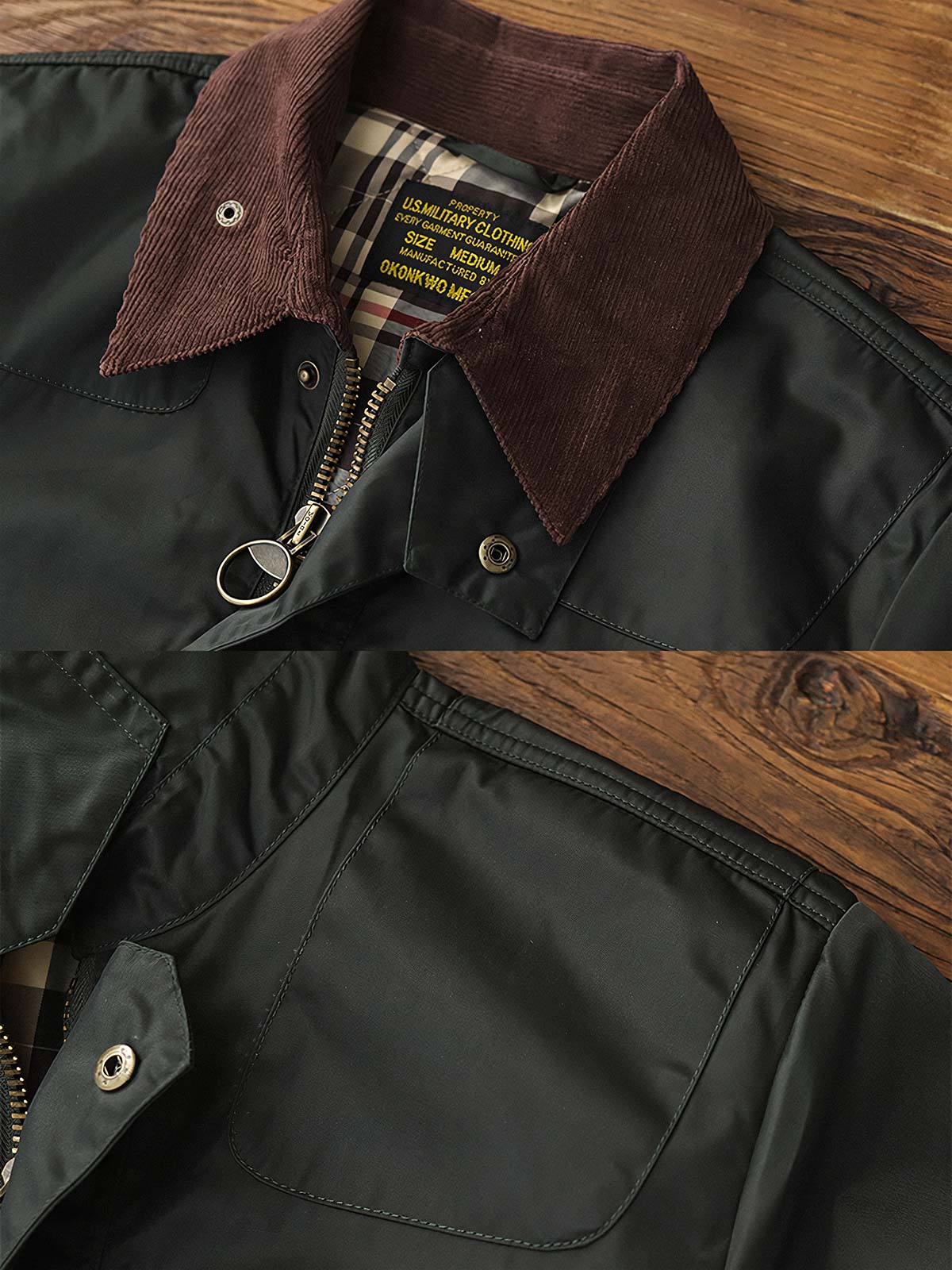 製品画像: コーデュロイカラーのコントラスト襟とオイルワックス加工が施されたハンティングジャケット。高密度梭織生地を使用し、耐久性とレトロ感を兼ね備えたデザイン。

詳細画像: チェック柄のキルティングライニングとスナップボタン付き風防襟のディテール。YKKのダブルヘッドラウンドリングジッパーと多機能ポケット配置が実用性を高めています。