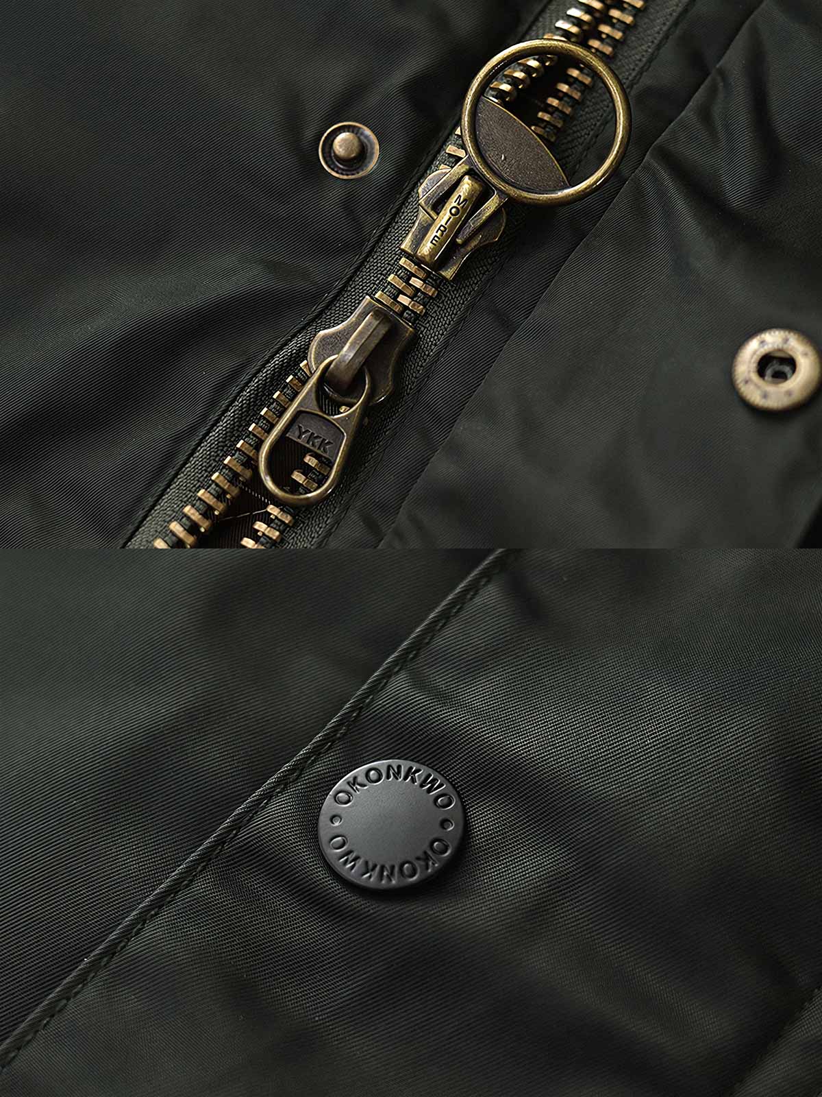 製品画像: コーデュロイカラーのコントラスト襟とオイルワックス加工が施されたハンティングジャケット。高密度梭織生地を使用し、耐久性とレトロ感を兼ね備えたデザイン。

詳細画像: チェック柄のキルティングライニングとスナップボタン付き風防襟のディテール。YKKのダブルヘッドラウンドリングジッパーと多機能ポケット配置が実用性を高めています。