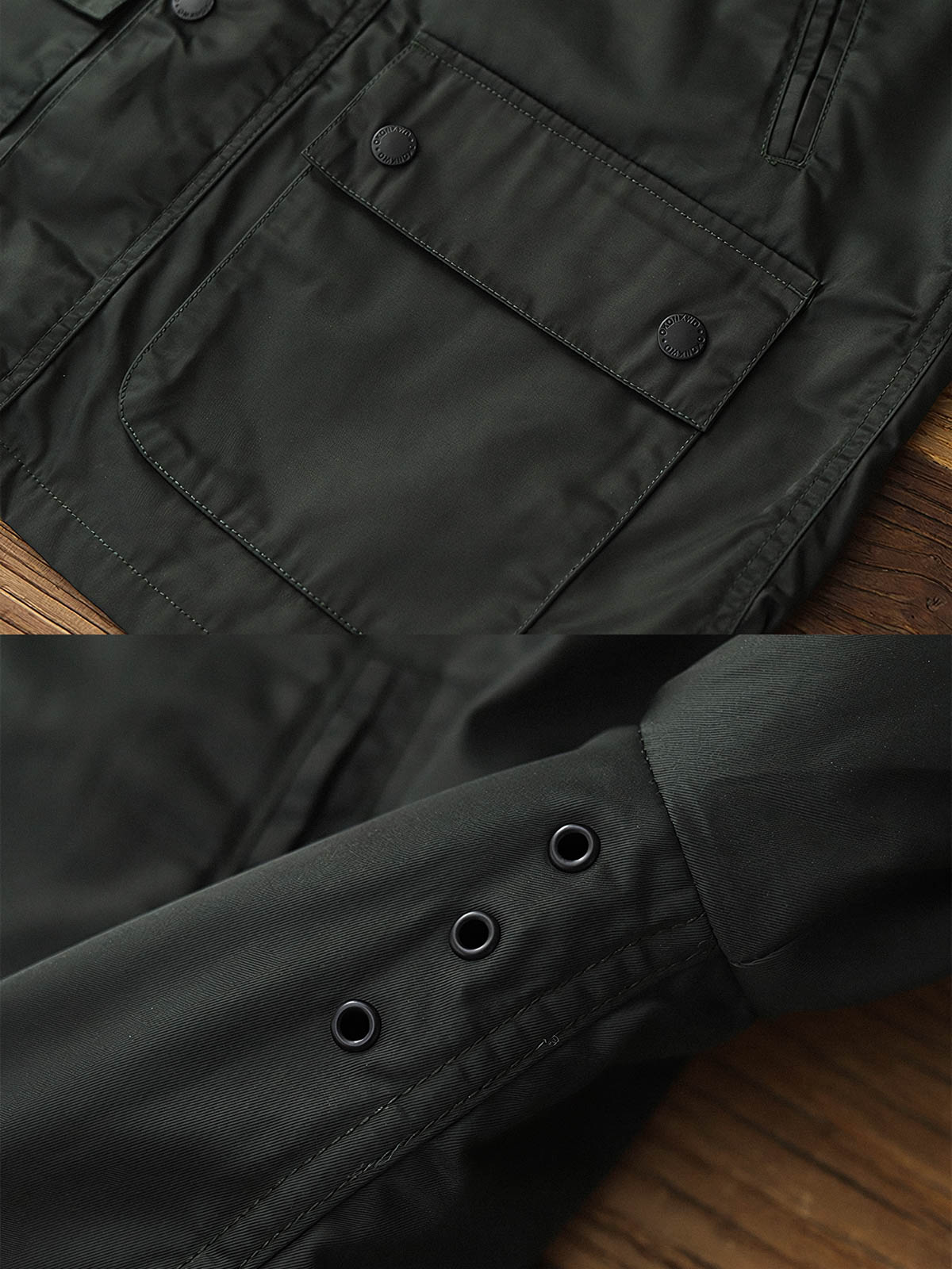 製品画像: コーデュロイカラーのコントラスト襟とオイルワックス加工が施されたハンティングジャケット。高密度梭織生地を使用し、耐久性とレトロ感を兼ね備えたデザイン。

詳細画像: チェック柄のキルティングライニングとスナップボタン付き風防襟のディテール。YKKのダブルヘッドラウンドリングジッパーと多機能ポケット配置が実用性を高めています。