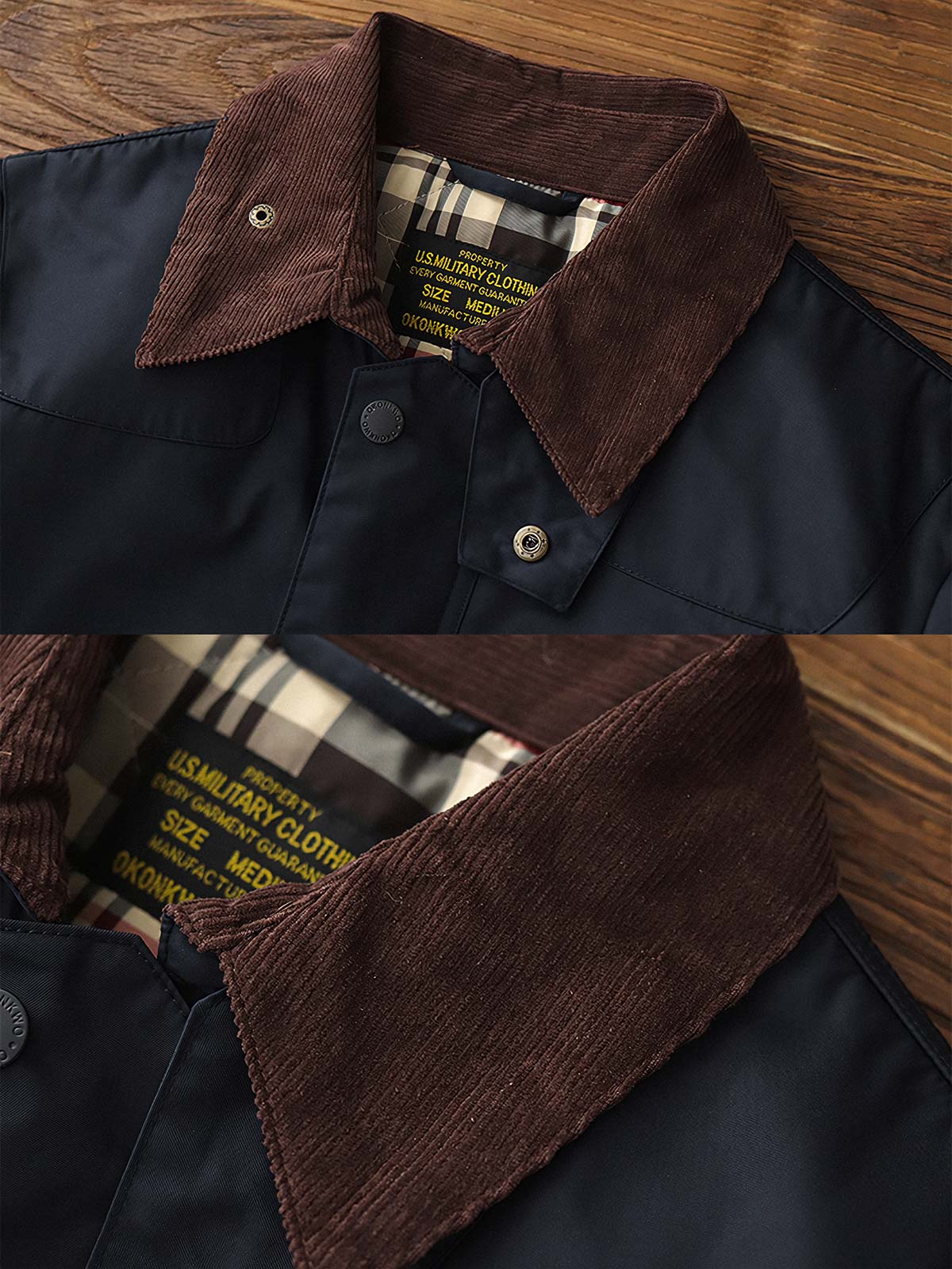 製品画像: コーデュロイカラーのコントラスト襟とオイルワックス加工が施されたハンティングジャケット。高密度梭織生地を使用し、耐久性とレトロ感を兼ね備えたデザイン。

詳細画像: チェック柄のキルティングライニングとスナップボタン付き風防襟のディテール。YKKのダブルヘッドラウンドリングジッパーと多機能ポケット配置が実用性を高めています。