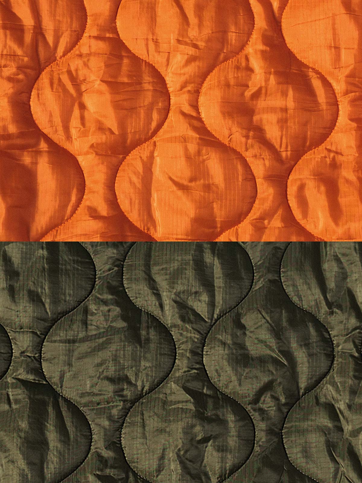 製品画像: 弧形キルティングデザインの軽量インナーダウンジャケット、ミリタリースタイルでレトロ感と現代的な機能性を兼ね備えた秋冬の必須アイテム。

詳細画像: リバーシブルデザイン（オリーブグリーンとレスキューオレンジ）、袖口のリブ編みが冷気をシャットアウト。軽量でありながら優れた保温性を提供。