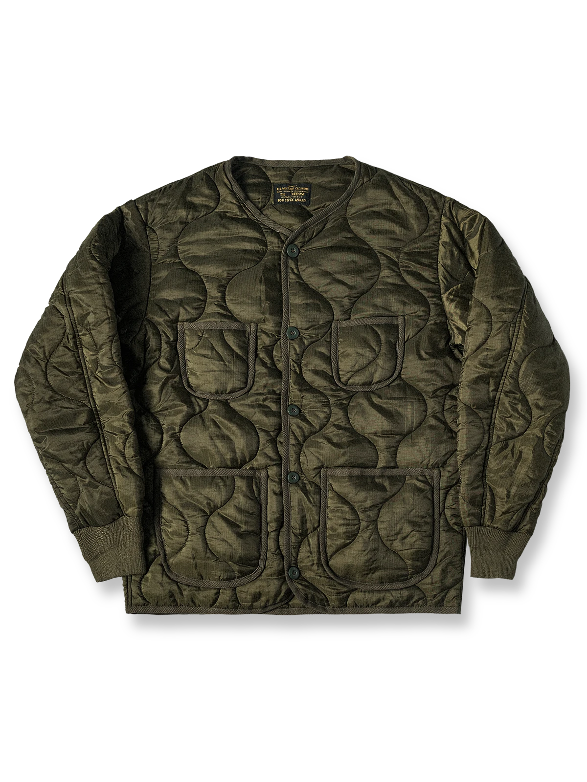 製品画像: 弧形キルティングデザインの軽量インナーダウンジャケット、ミリタリースタイルでレトロ感と現代的な機能性を兼ね備えた秋冬の必須アイテム。

詳細画像: リバーシブルデザイン（オリーブグリーンとレスキューオレンジ）、袖口のリブ編みが冷気をシャットアウト。軽量でありながら優れた保温性を提供。