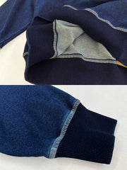 製品画像：藍染めスワローカイト刺繍スウェット、伝統的な藍染め技法と繊細なスワローカイト刺繍が融合した個性的なデザイン。100%コットン素材を使用し、自然なグラデーション効果と肌に優しい着心地が特徴。

詳細画像：スワローカイト刺繍のディテールアップ、藍染め技法による美しいグラデーション効果と、精梳コットン表地とシルク風中綿を使用した高級感あるデザイン。植物染色技法で自然な美しさを強調。