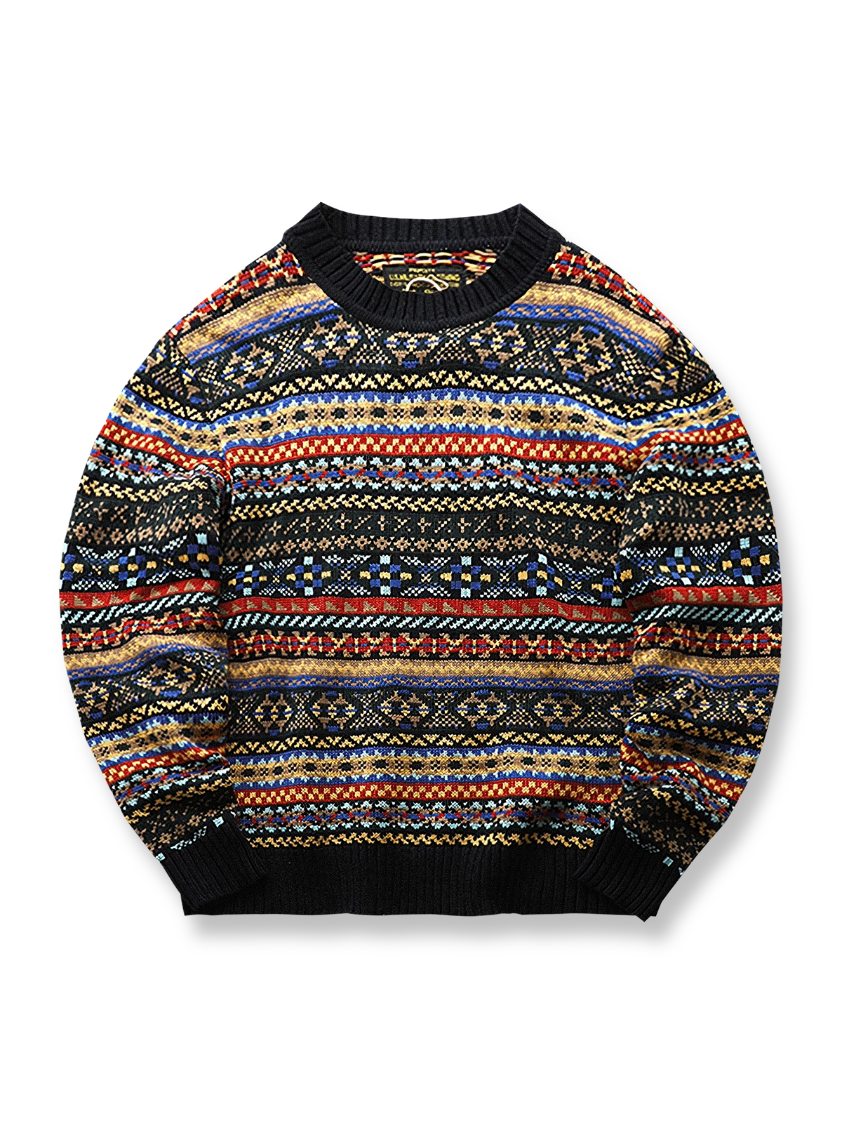 製品画像：クラシックなフェアアイル柄デザインのクリスマスセーター、ウール混紡素材で温かみのある着心地。祝祭的な雰囲気を演出するデザイン。

詳細画像：フェアアイル柄のジャガード編みディテール、クリスマスシーズンにぴったりのデザイン。ウール混紡素材で柔らかく快適な保温性を提供。