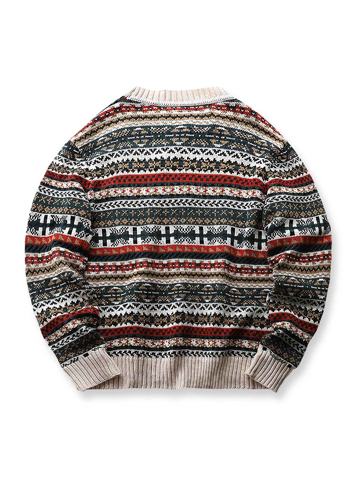 製品画像：クラシックなフェアアイル柄デザインのクリスマスセーター、ウール混紡素材で温かみのある着心地。祝祭的な雰囲気を演出するデザイン。

詳細画像：フェアアイル柄のジャガード編みディテール、クリスマスシーズンにぴったりのデザイン。ウール混紡素材で柔らかく快適な保温性を提供。