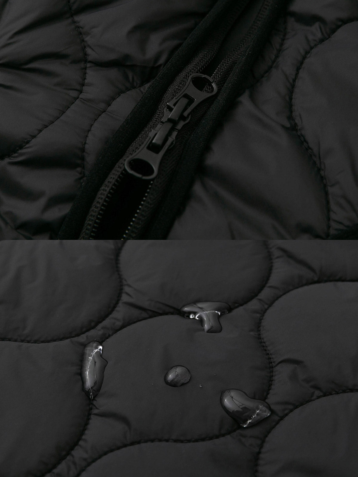 製品画像: ウェーブキルティング軽量中綿ベスト正面展示画像。立体的なウェーブキルティングデザインが特徴の軽量ベスト、秋冬のアウトドアや日常のコーディネートに最適。

詳細画像: ウェーブキルティングディテールのクローズアップ。細やかな縫製と、保温性を保ちながら膨らみを抑えたデザインが強調された素材感。