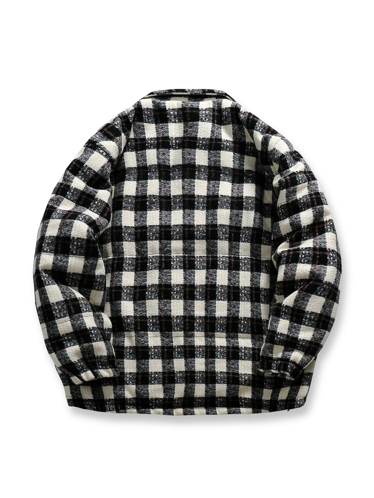 製品画像: クラシックなチェック柄中綿ジャケットの正面展示画像、ダウンコットン充填で秋冬にぴったりな暖かさを提供するジャケット。

詳細画像: チェック柄のディテールとダウンコットン充填デザイン、保温性と快適性を兼ね備えた中綿ジャケットの生地感。