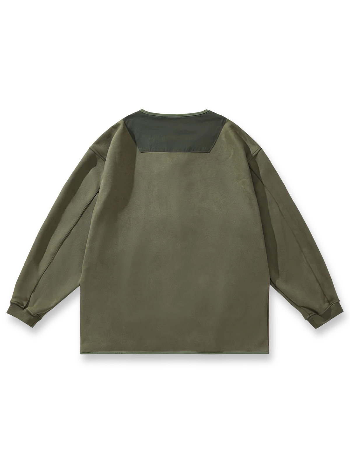 製品画像: スエード調バッチワークVネックジャケットの正面展示画像、ファッション性と実用性を兼ね備えたトレンド感あふれるワークジャケット。

詳細画像: スエード調バッチワークデザインとVネックカーディガンスタイルのディテール、柔らかく快適な素材感とデザイン性を強調。