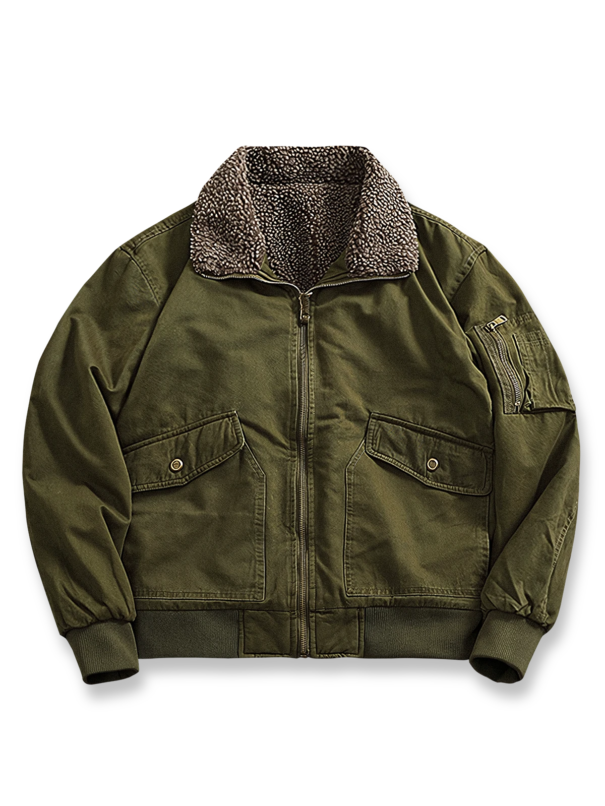 製品画像: 裏起毛厚手フライトジャケットの正面展示画像、アメカジスタイルでデザインされた高密度コットン生地と優れた保温性を提供するジャケット。

詳細画像: フライトジャケットの袖口と裾の高密度リブデザインのディテール、裏起毛で暖かさを強化し、立体感のあるシルエットを演出。