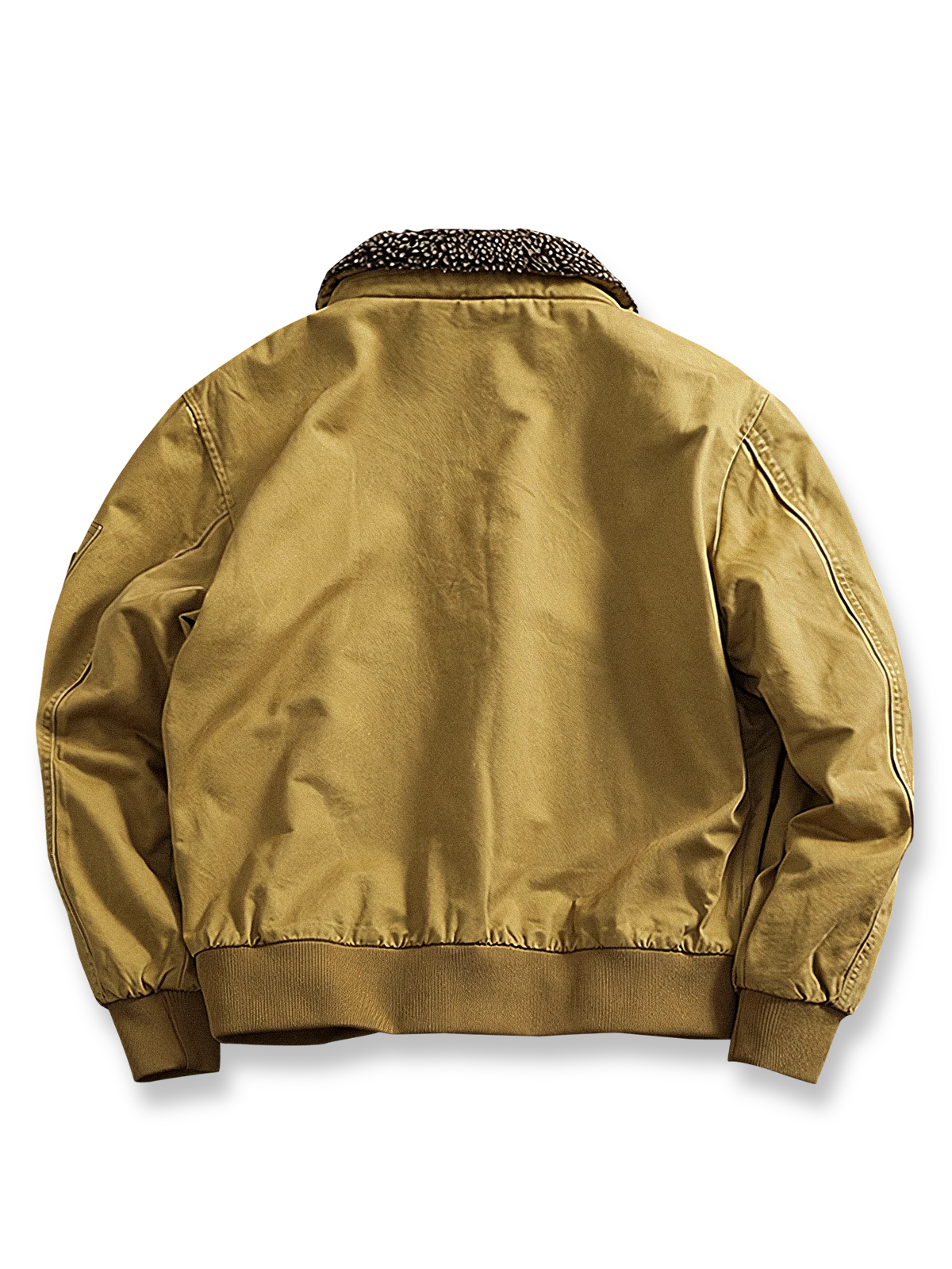 製品画像: 裏起毛厚手フライトジャケットの正面展示画像、アメカジスタイルでデザインされた高密度コットン生地と優れた保温性を提供するジャケット。

詳細画像: フライトジャケットの袖口と裾の高密度リブデザインのディテール、裏起毛で暖かさを強化し、立体感のあるシルエットを演出。