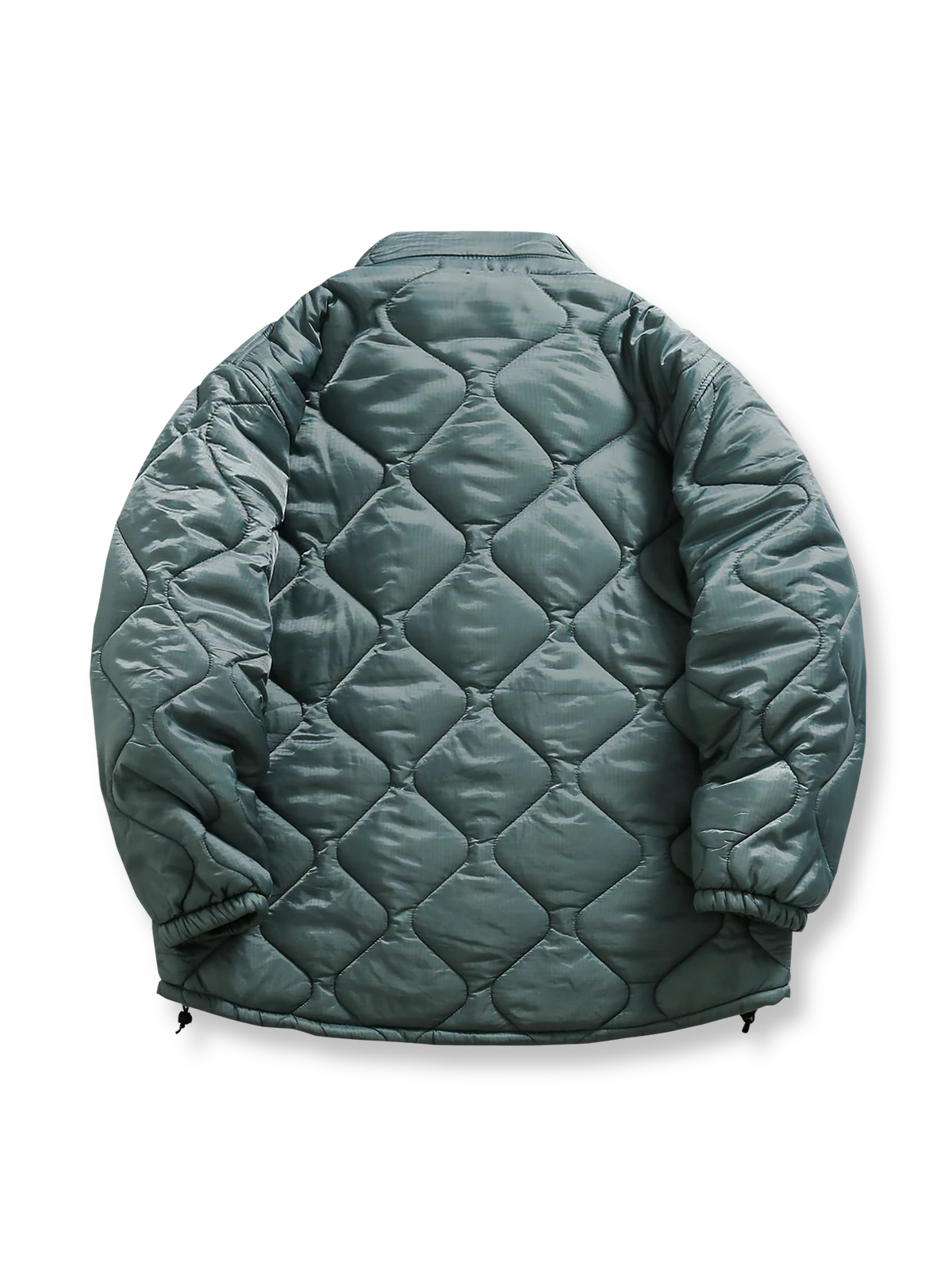 製品画像: 波型キルティングデザインの中綿ジャケット正面展示図、シンプルでスタイリッシュなデザインを強調。

詳細画像: 波型キルティングとダウンライクファイバー充填のディテールクローズアップ、優れた保温性とデザインを強調。