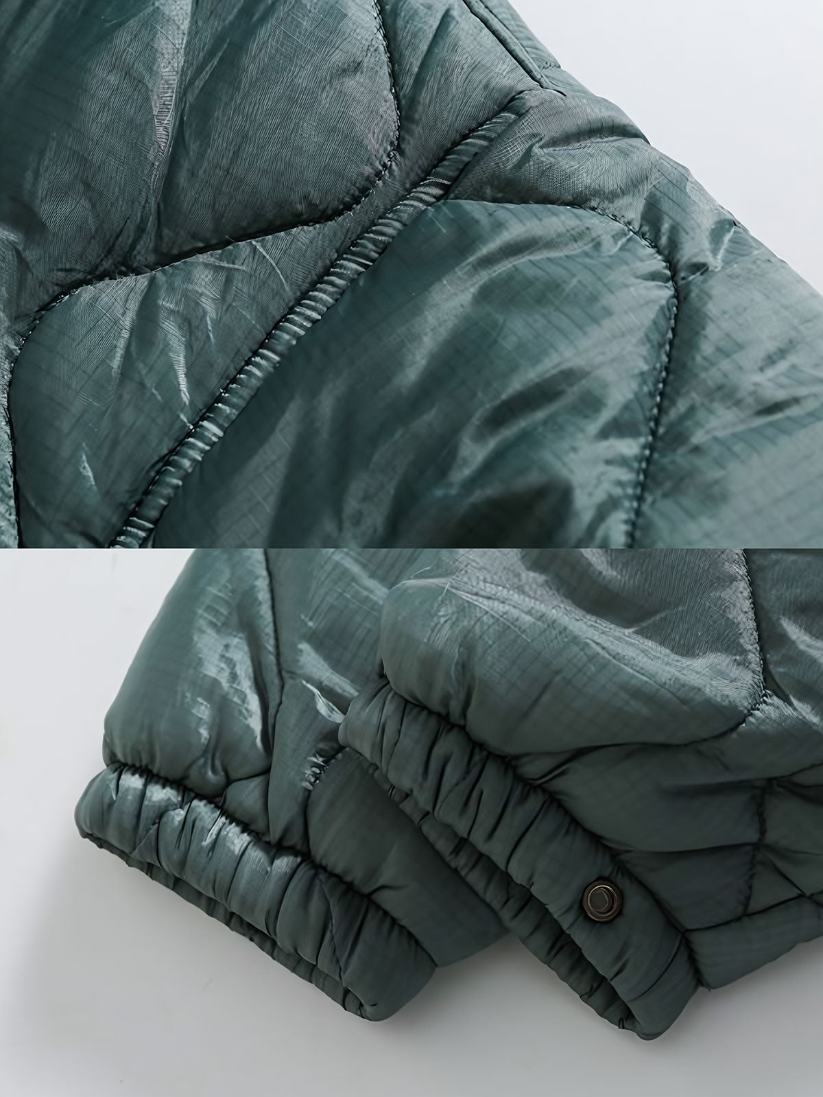 製品画像: 波型キルティングデザインの中綿ジャケット正面展示図、シンプルでスタイリッシュなデザインを強調。

詳細画像: 波型キルティングとダウンライクファイバー充填のディテールクローズアップ、優れた保温性とデザインを強調。