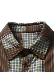 製品画像:
ストライプパッチワーク長袖シャツ、厚手中綿入りデザイン、ヴィンテージワークウェアスタイル、ゆったりシルエット、寒冷な季節に最適な保温性

詳細画像:
ストライプパッチワークのディテール、ヴィンテージ感を引き立てるクラシックなデザイン、中綿入りの裏地で追加の保温性、ゆったりとしたカット