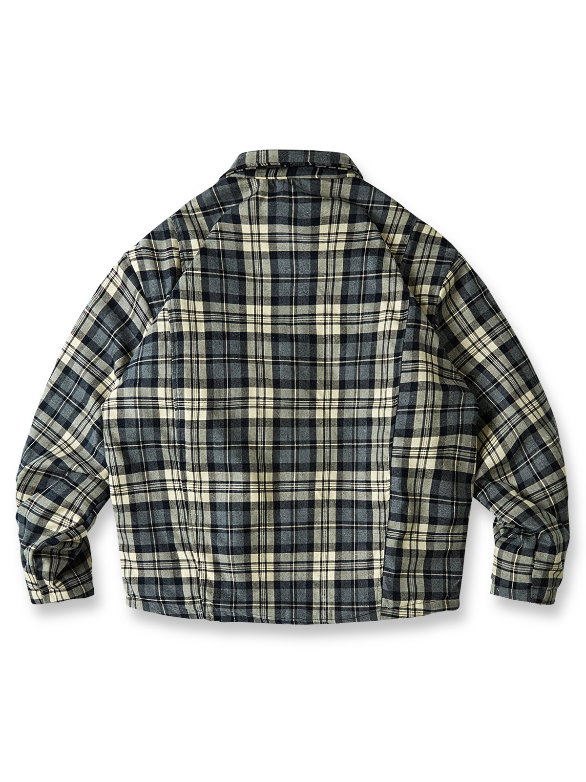 製品画像:
レトロなチェック柄フランネル中綿シャツ、柔らかなフランネル素材と保温性のある中綿裏地、ゆったりシルエットで快適さとスタイルを兼ね備えたデザイン、秋冬のカジュアルシーンに最適

詳細画像:
チェック柄の切り替えとシンプルな襟デザインのディテール、柔らかく快適なフランネル素材と中綿で保温性を提供、リラックスしたカジュアルな雰囲気
