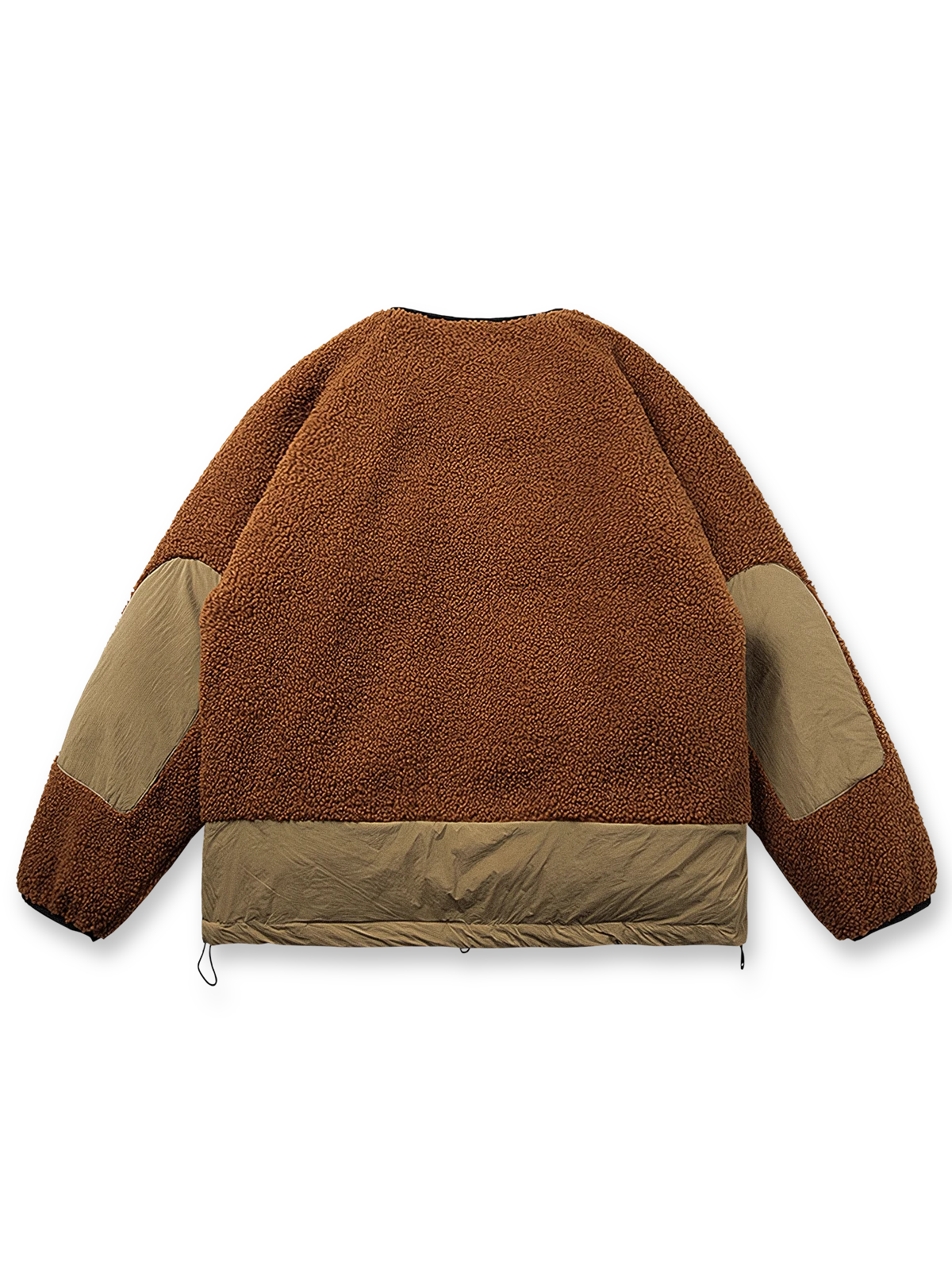 製品画像:
カラーブロックラムスキンダウンジャケット（襟なし）、ラムスキンとダウンの融合、カラーブロックデザインで温かさとスタイリッシュさを提供、冬のコーディネートに最適

詳細画像:
ラムスキン素材の外側、大きなポケットと裾部分に風を防ぐポリエステル、内部90%ダウン充填で軽量かつ暖かさを保持、ドローコードで幅調整可能