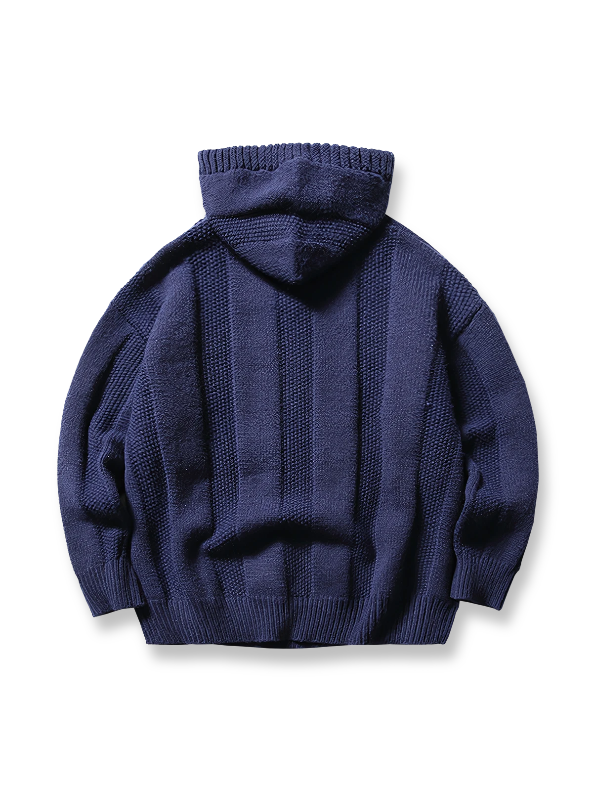 製品画像:
フード付きプルオーバーセーター全体の正面ビュー、ストライプと交差模様が鮮明に映し出され、シンプルでありながら個性的なデザインを強調。フード部分と裾、袖口のディテールが見やすいように撮影。

詳細画像:
胸元と肩部分の精緻な交差模様、フードの編み込みディテールがクローズアップされ、繊細な編み方と生地感がよくわかる画像。