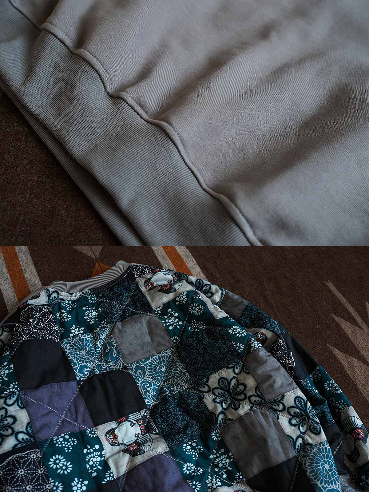 製品画像: 伝統的な民族風の柄と現代的なデザインが融合したユニークなパッチワークスウェット。前後切り替えデザインが特徴で、カジュアルでありながらトレンド感のある一着。

詳細画像: 袖部分の民族風パッチワークと豊かな層感がアクセントとなり、視覚的インパクトを与えるパッチワークスウェット。ゆったりとしたルーズフィットが快適な着心地を提供します。