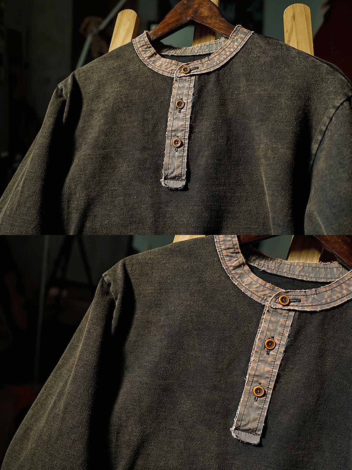 製品画像: ハードウォッシュ加工でヴィンテージ感を演出した植物染めのヘンリーネック長袖Tシャツ。コントラストカラーのフリンジデザインがアクセントとなり、独特な質感を演出。

詳細画像: 厚手で耐久性のある300gダブル糸コーマコットンニットを使用。植物染めによる色合いとフリンジデザインがヴィンテージ感を高める。