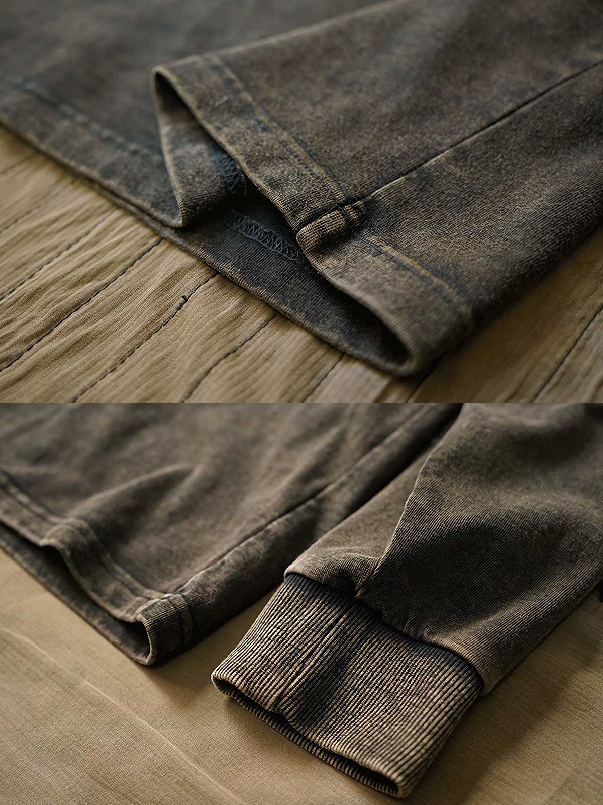 製品画像: ハードウォッシュ加工でヴィンテージ感を演出した植物染めのヘンリーネック長袖Tシャツ。コントラストカラーのフリンジデザインがアクセントとなり、独特な質感を演出。

詳細画像: 厚手で耐久性のある300gダブル糸コーマコットンニットを使用。植物染めによる色合いとフリンジデザインがヴィンテージ感を高める。