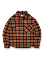 製品画像: 100%コットンツイル起毛素材のヴィンテージ風イギリス風チェック柄シャツ。秋冬に最適な柔らかな肌触りと優れた保温性。

詳細画像: ゆったりとしたシルエットのチェック柄シャツ。デニムやカジュアルパンツとの相性が良く、重ね着にも最適。